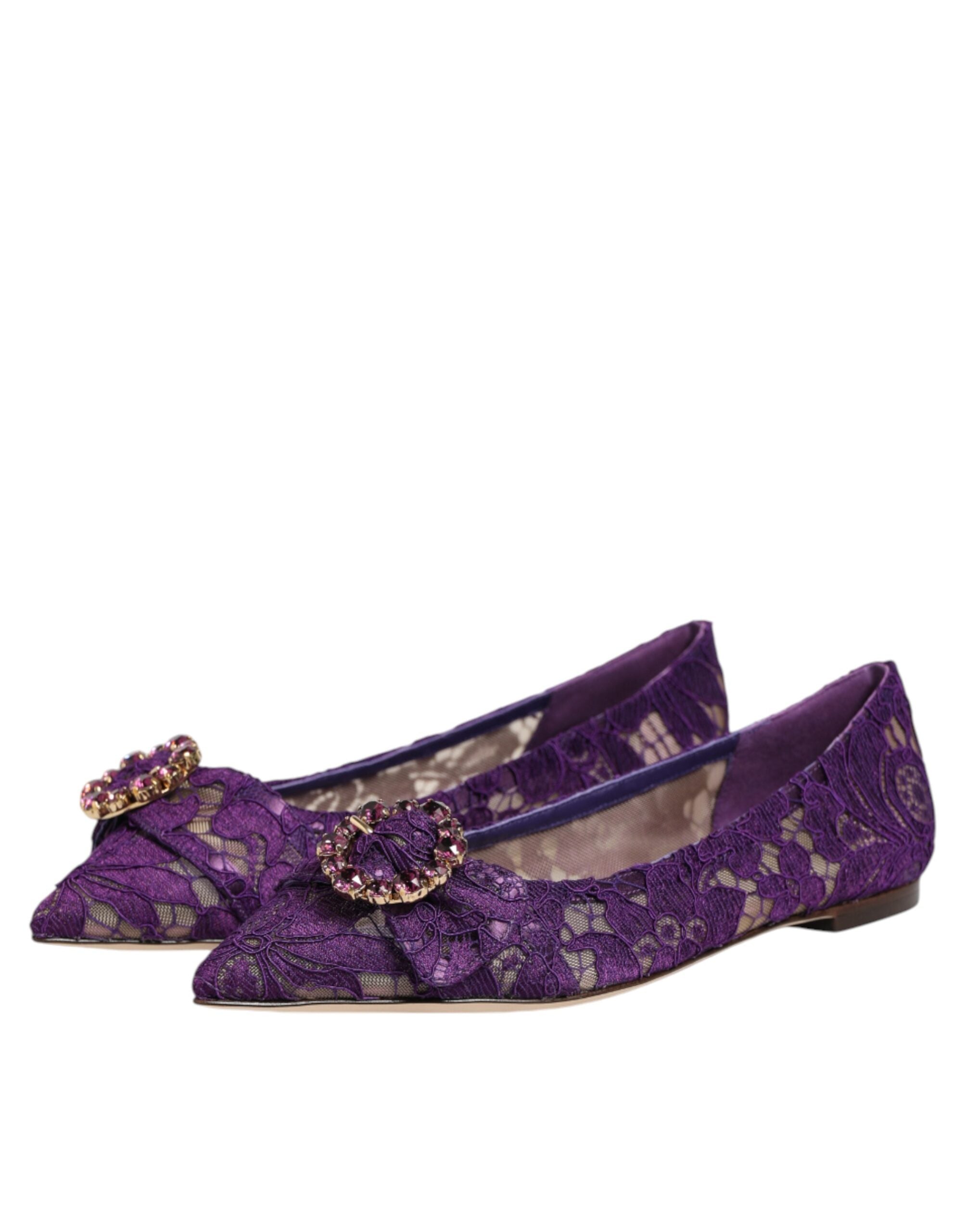 Chaussures plates Dolce & Gabbana Taormina violettes en dentelle avec cristaux, élégantes et raffinées.