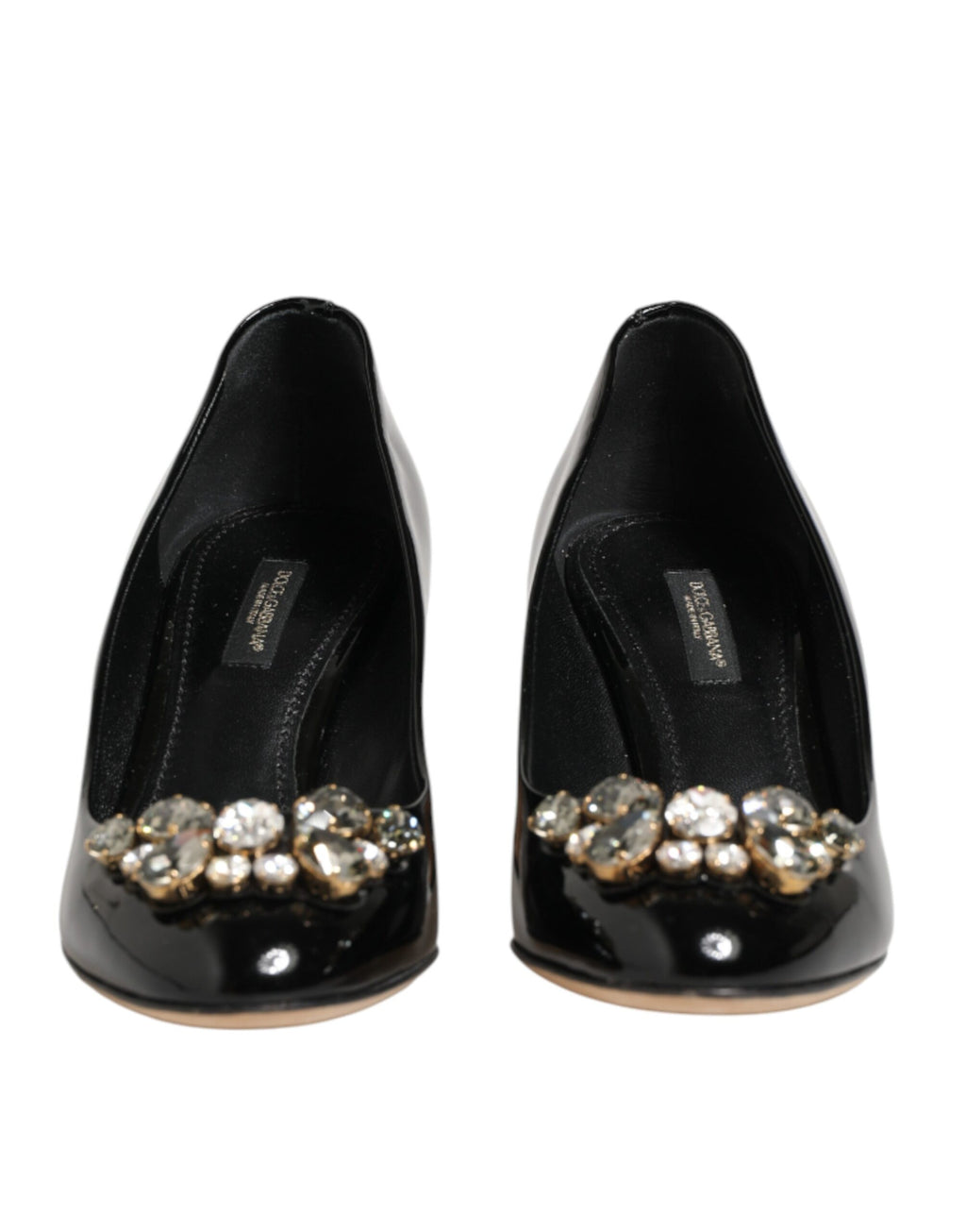 Escarpins noirs en cuir avec cristaux de Dolce & Gabbana, talons élégants et design sophistiqué.