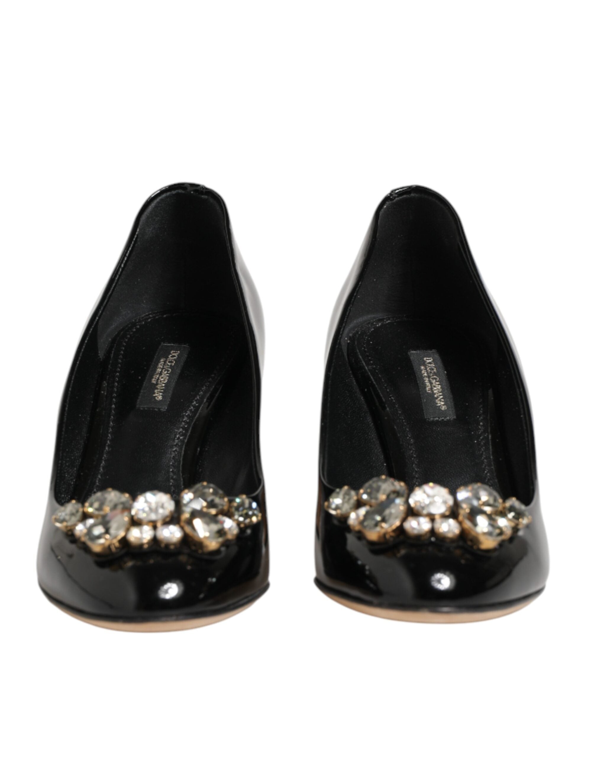 Escarpins noirs en cuir avec cristaux de Dolce & Gabbana, talons élégants et design sophistiqué.
