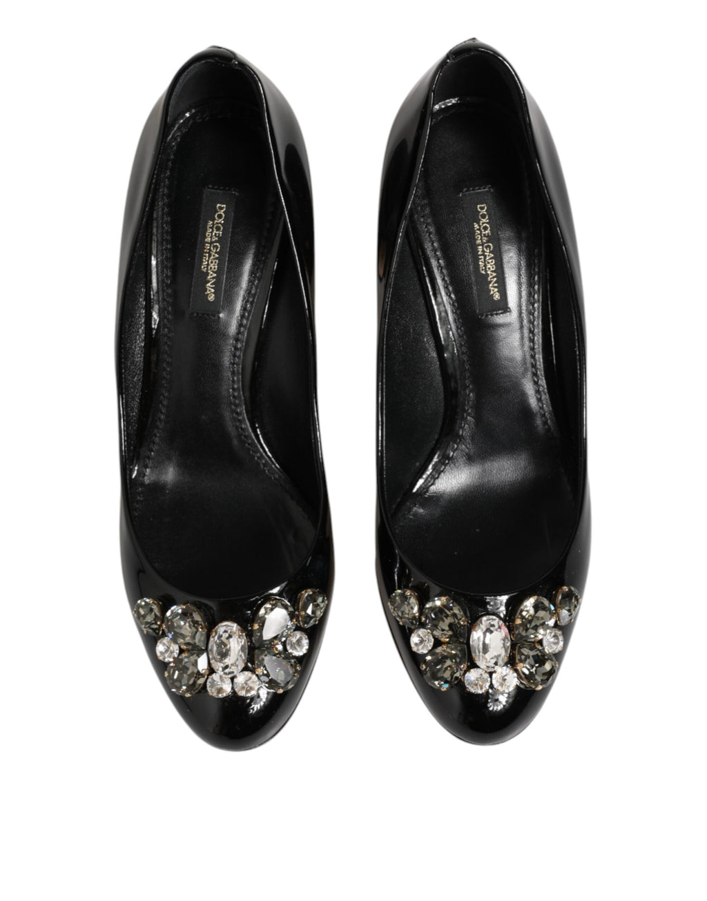 Escarpins noirs en cuir Dolce & Gabbana avec cristaux, talons élégants et design sophistiqué.