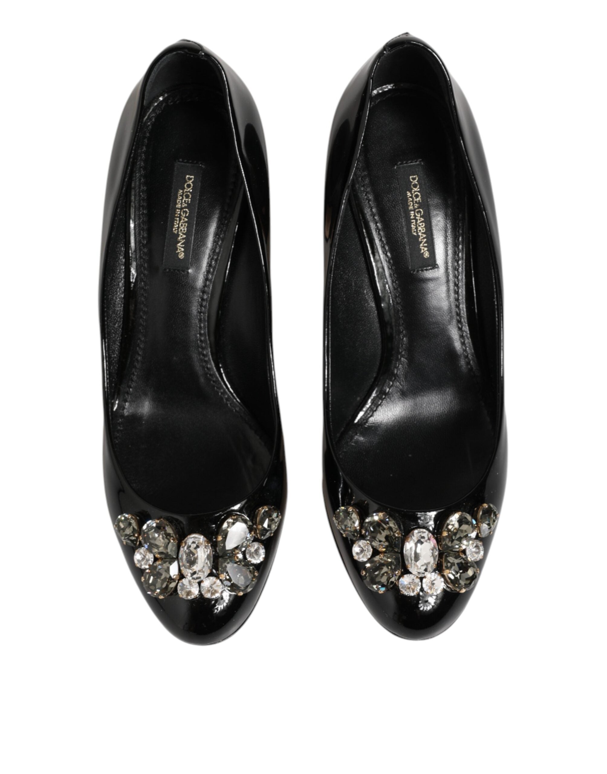 Escarpins noirs en cuir Dolce & Gabbana avec cristaux, talons élégants et design sophistiqué.