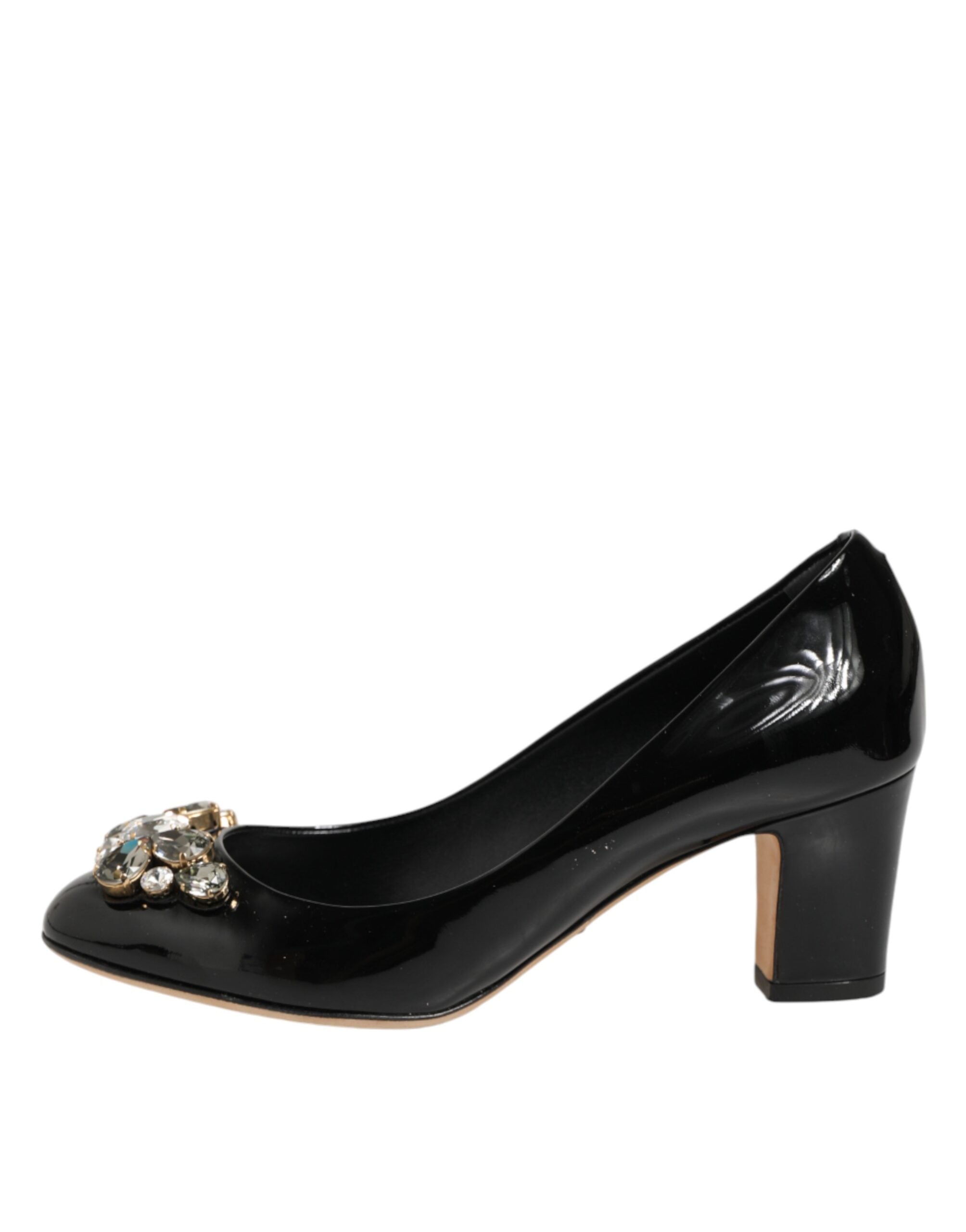 Escarpins noirs en cuir avec cristaux de Dolce & Gabbana, chaussures élégantes à talons pour femme.