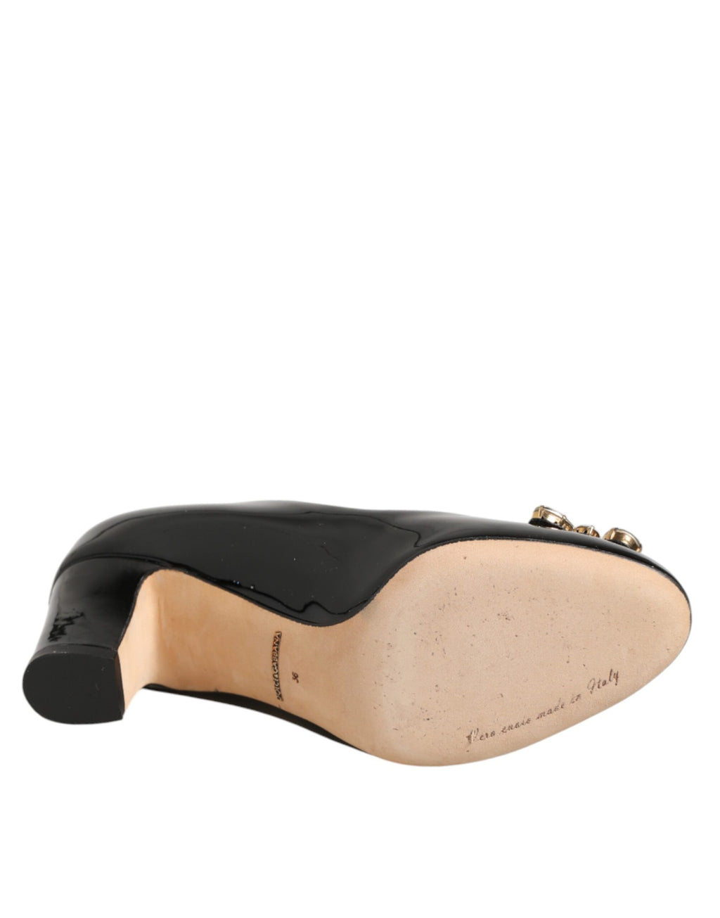 Escarpins noirs en cuir avec cristaux de Dolce & Gabbana, chaussures élégantes pour femme, vue de côté.