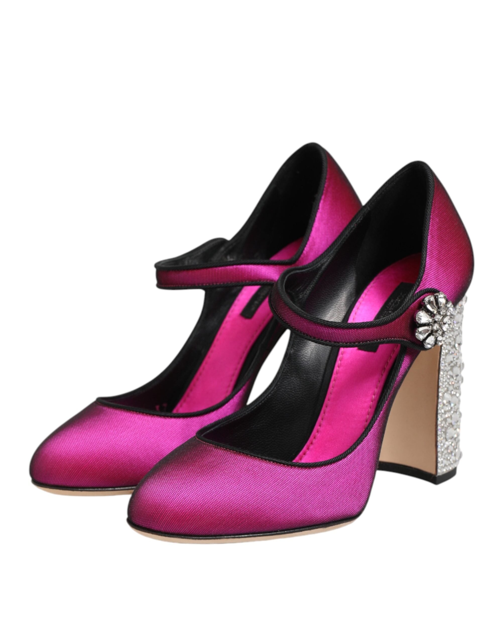 Chaussures à talons Dolce & Gabbana Mary Janes roses avec strass, style élégant et féminin, en cuir brillant.