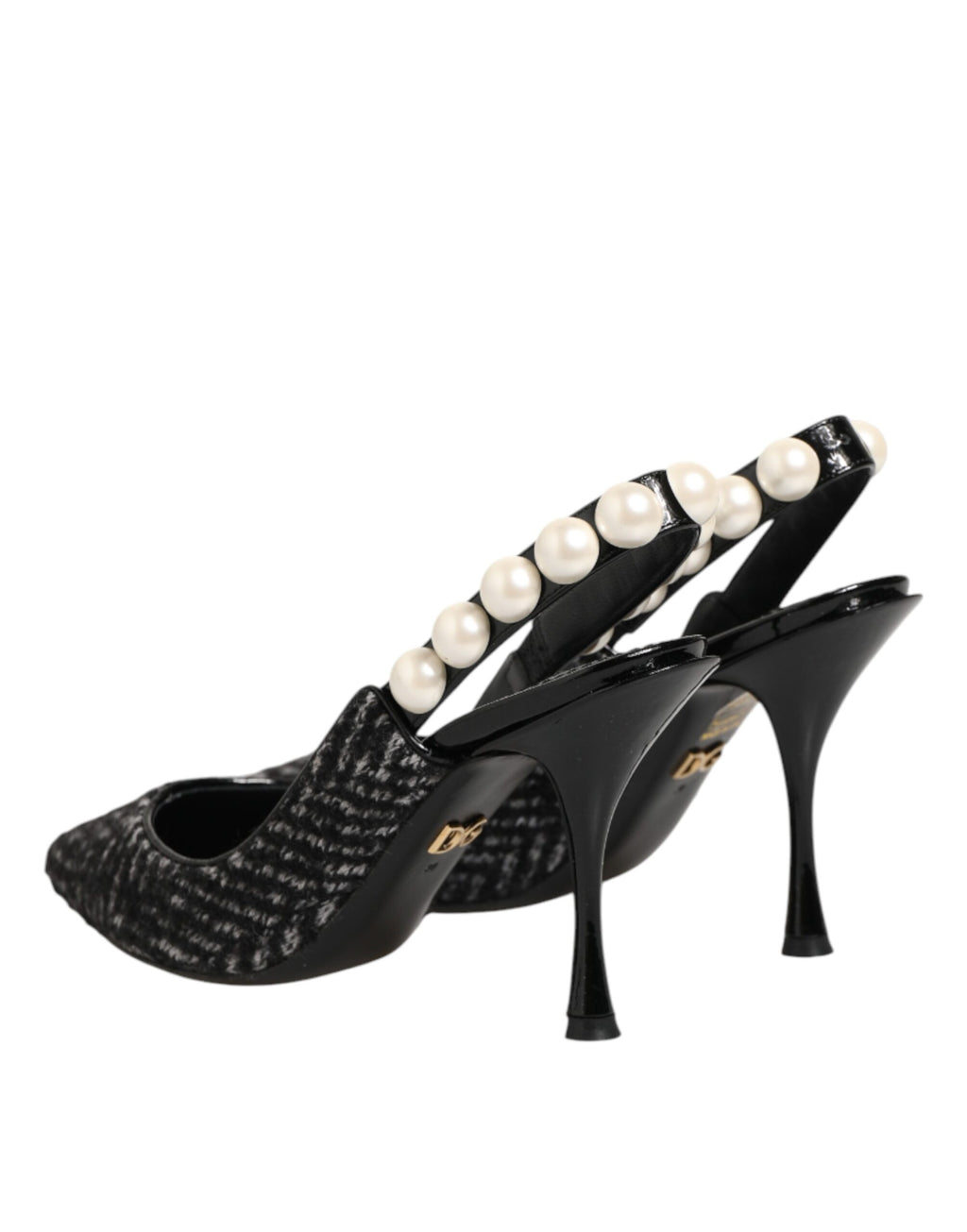 Chaussures slingbacks Dolce & Gabbana blanches et noires Chevron avec perles faux, style élégant et sophistiqué.