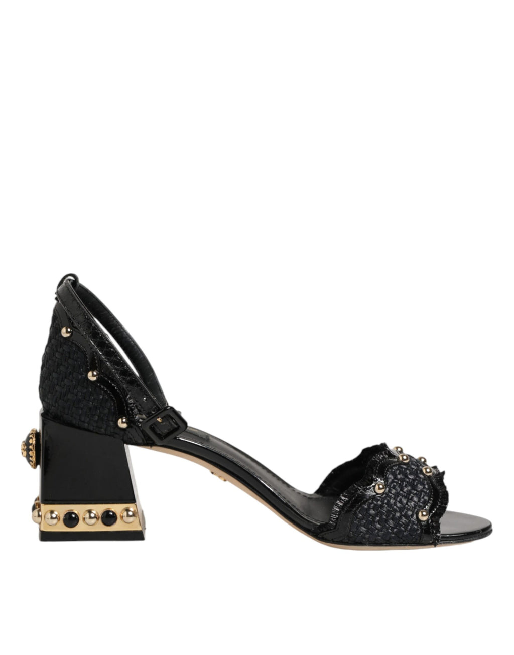 Sandales à talons Dolce & Gabbana noires avec brides à clous et bride à la cheville, chaussures élégantes et sophistiquées.