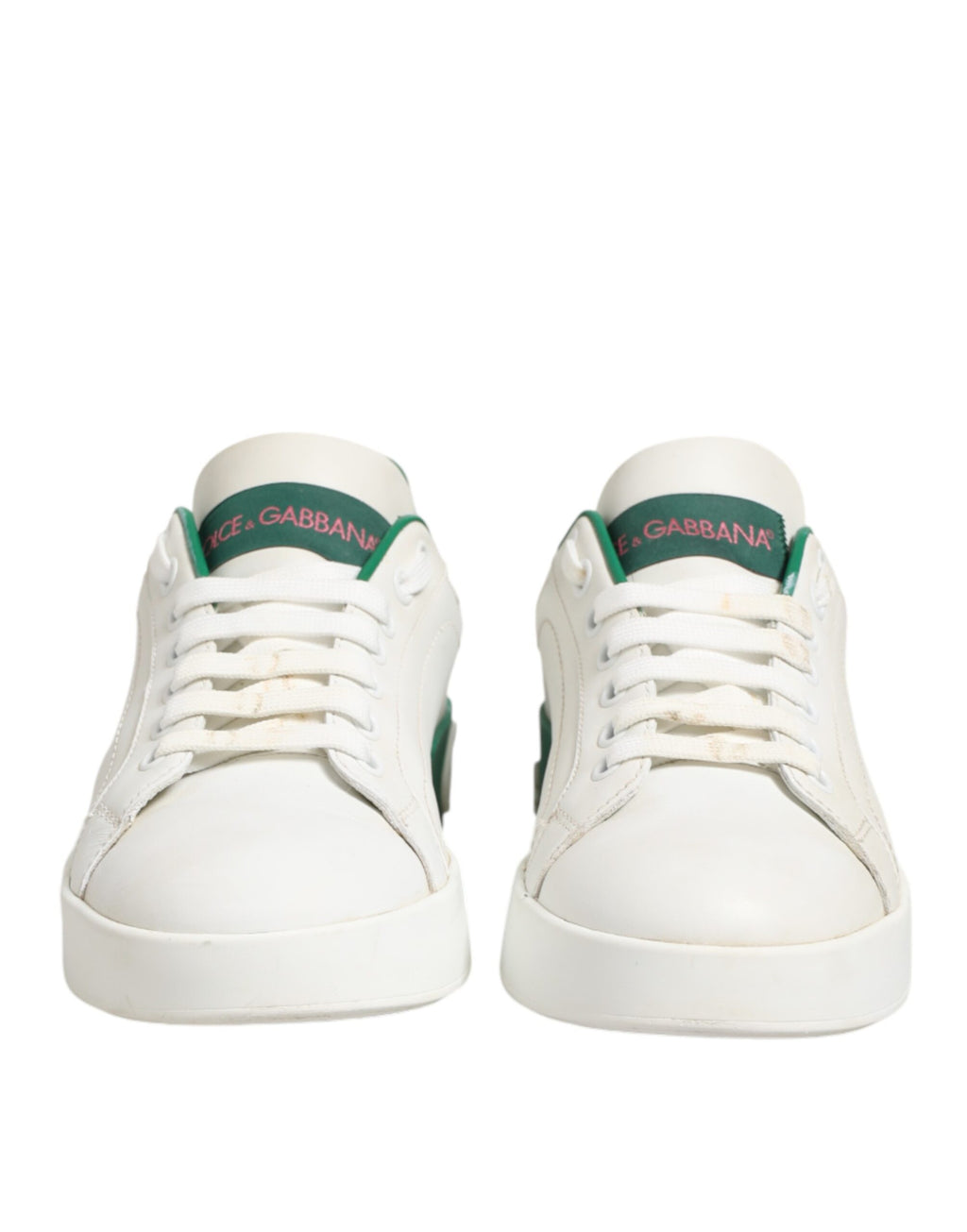 Chaussures sneakers basses en cuir blanc et vert de Dolce & Gabbana, mode élégante et confortable pour homme.