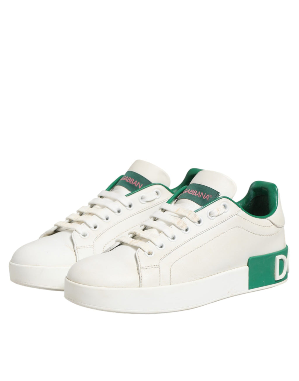 Chaussures sneakers basses en cuir blanc et vert de Dolce & Gabbana, chaussures de sport élégantes pour femmes et hommes