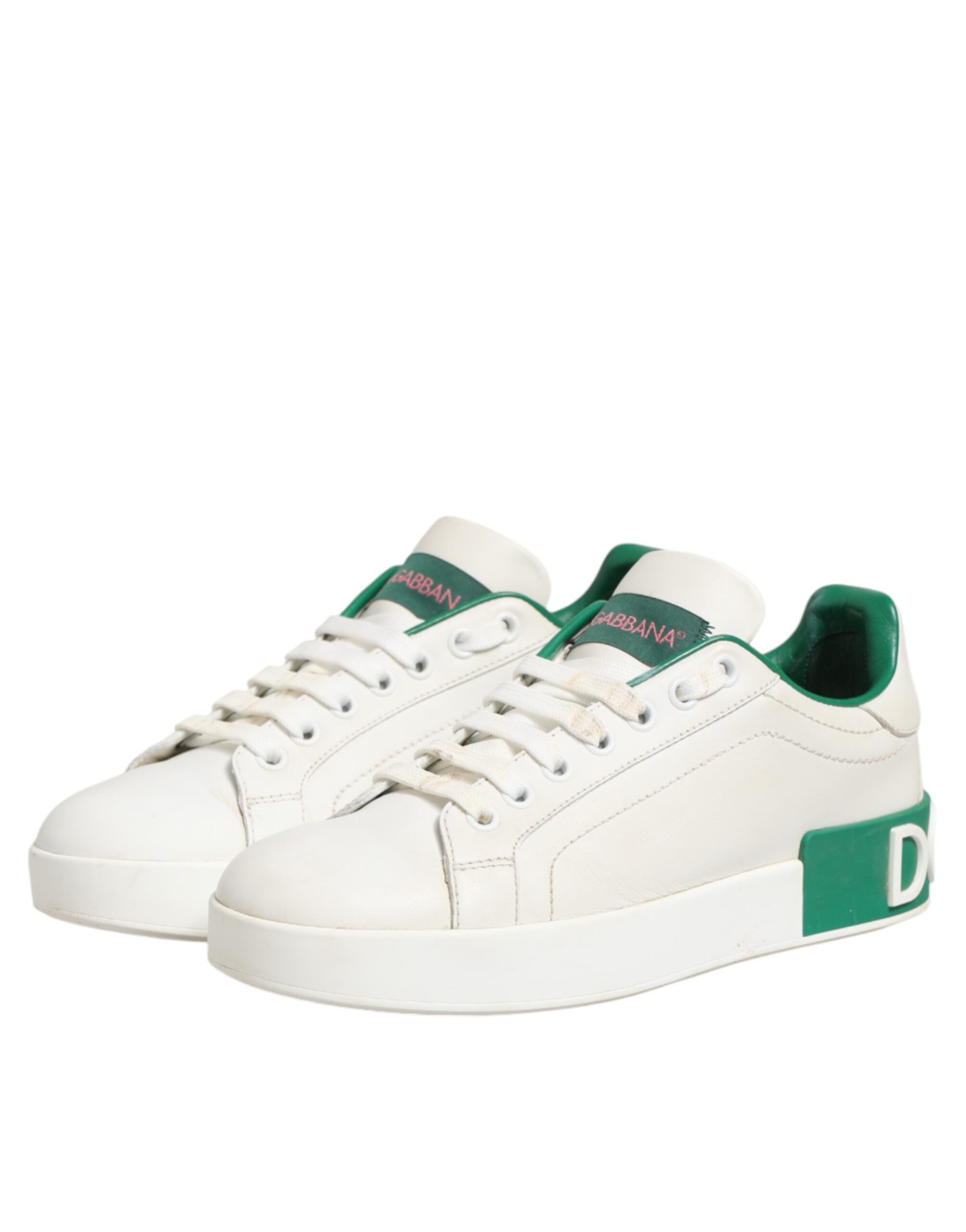Chaussures sneakers basses en cuir blanc et vert de Dolce & Gabbana, chaussures de sport élégantes pour femmes et hommes