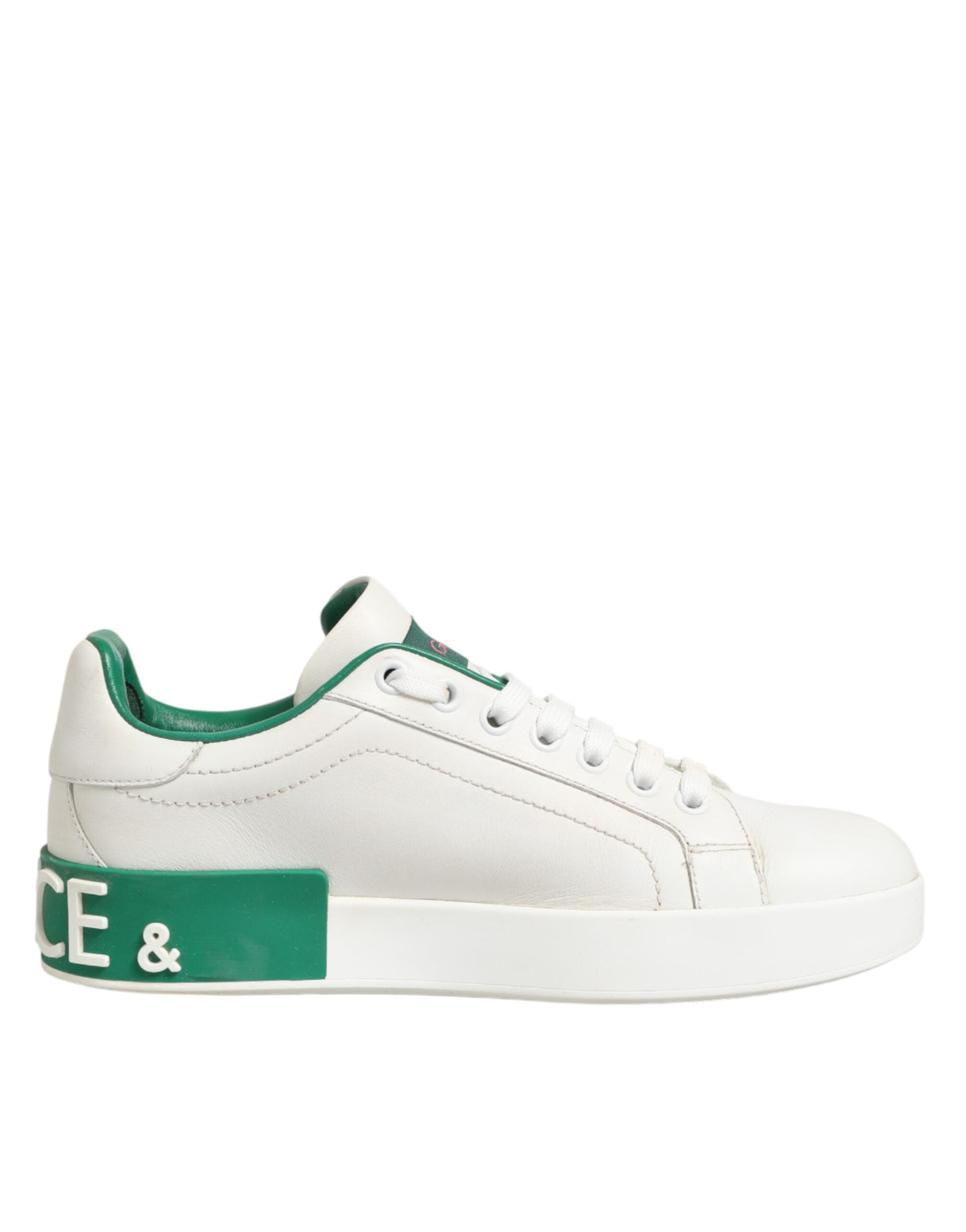 Chaussures Dolce & Gabbana sneakers basses en cuir blanc et vert, vue de face avec détails de la semelle.