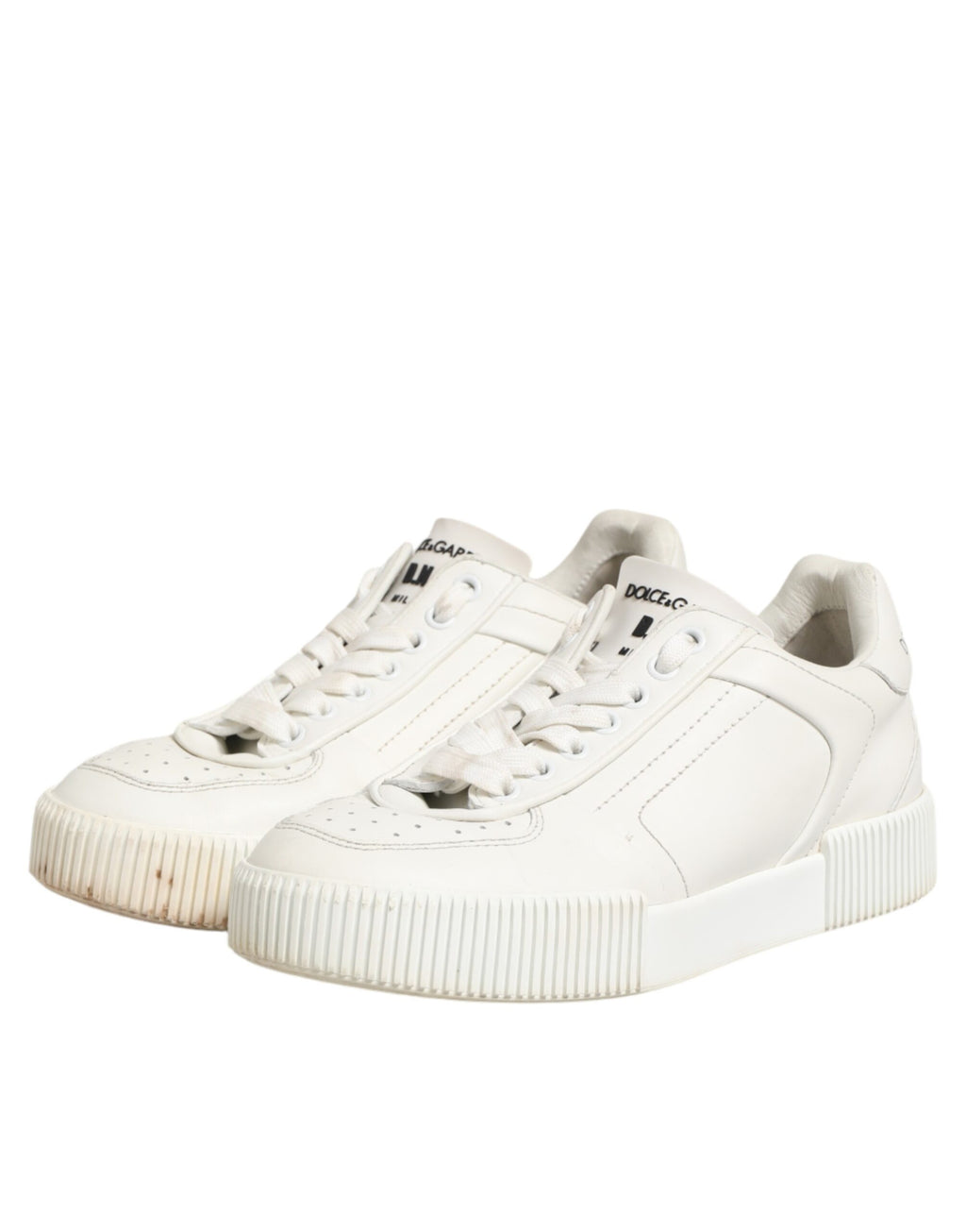 Chaussures sneakers basses en cuir blanc Dolce & Gabbana Miami, vue de face, détails du design élégant et moderne.