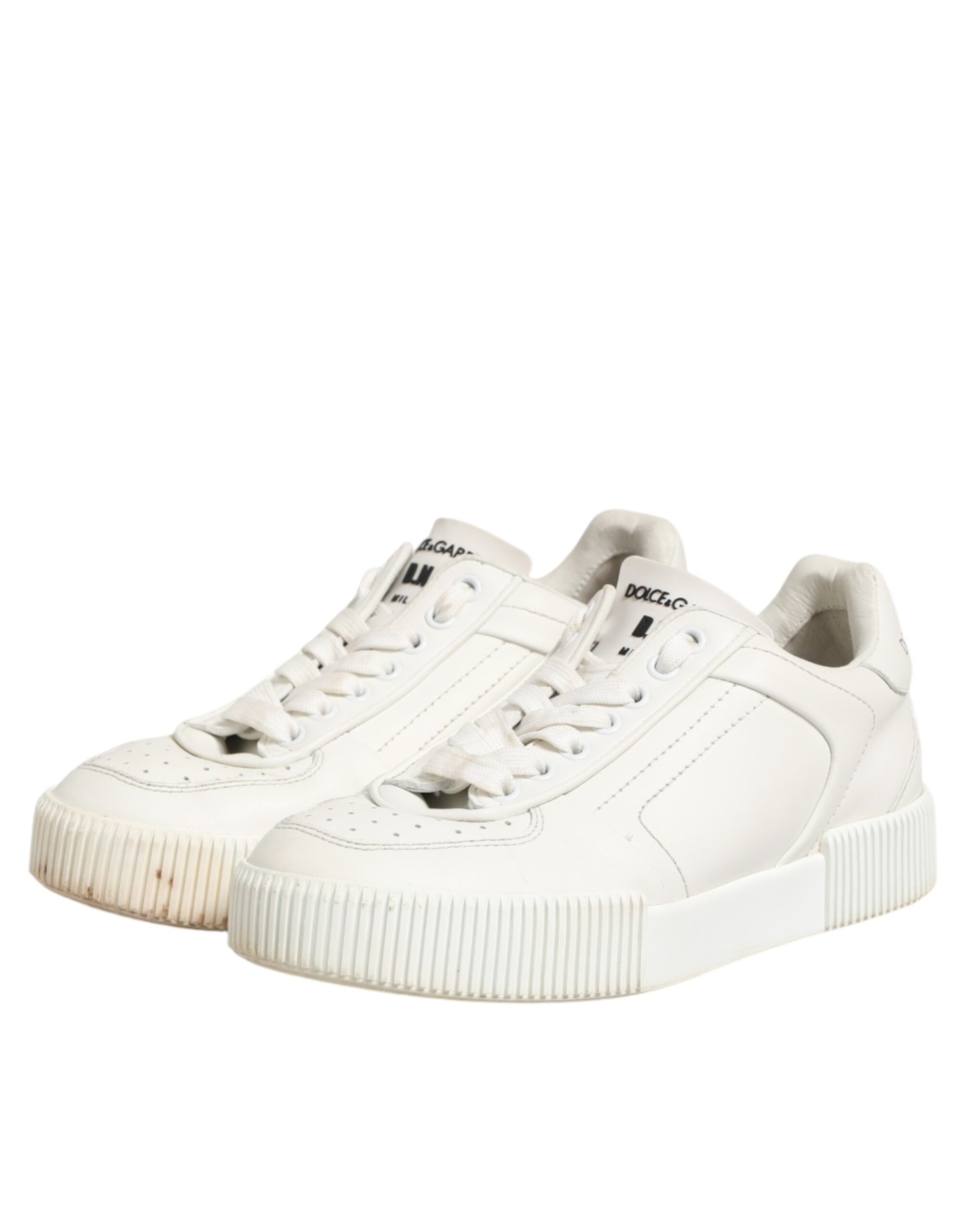 Chaussures sneakers basses en cuir blanc Dolce & Gabbana Miami, vue de face, détails du design élégant et moderne.