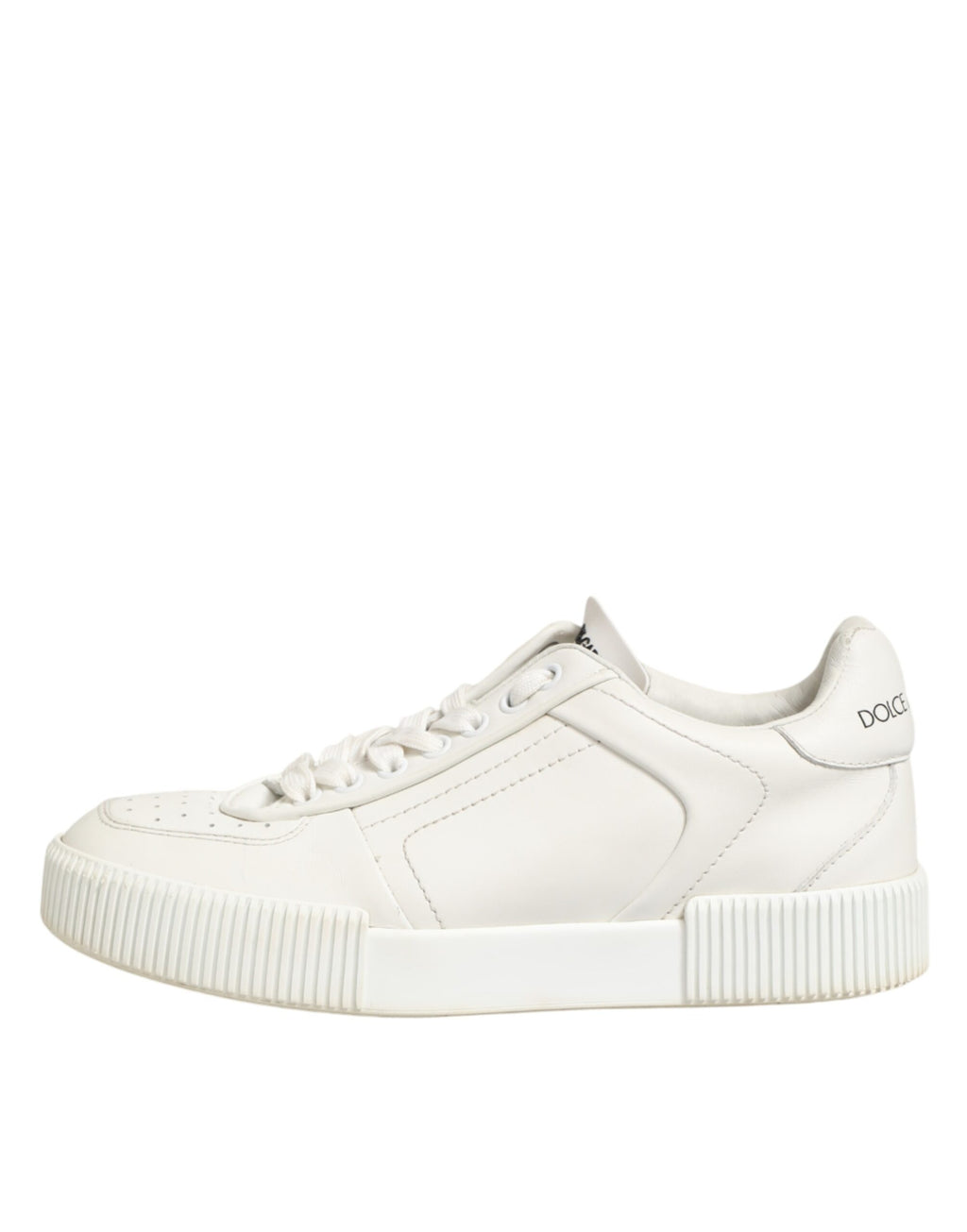 Chaussures sneakers basses en cuir blanc Dolce & Gabbana Miami, vue de face avec détails de la marque.