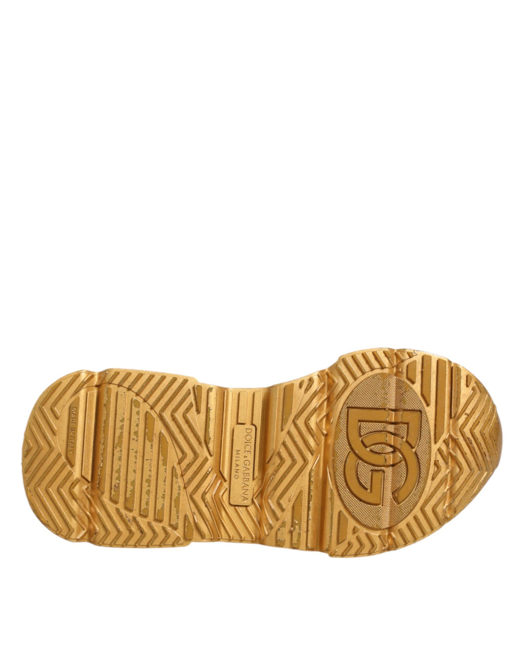 Chaussures sneakers basses Dolce & Gabbana Daymaster en or blanc, vue de face, en cuir avec détails élégants.