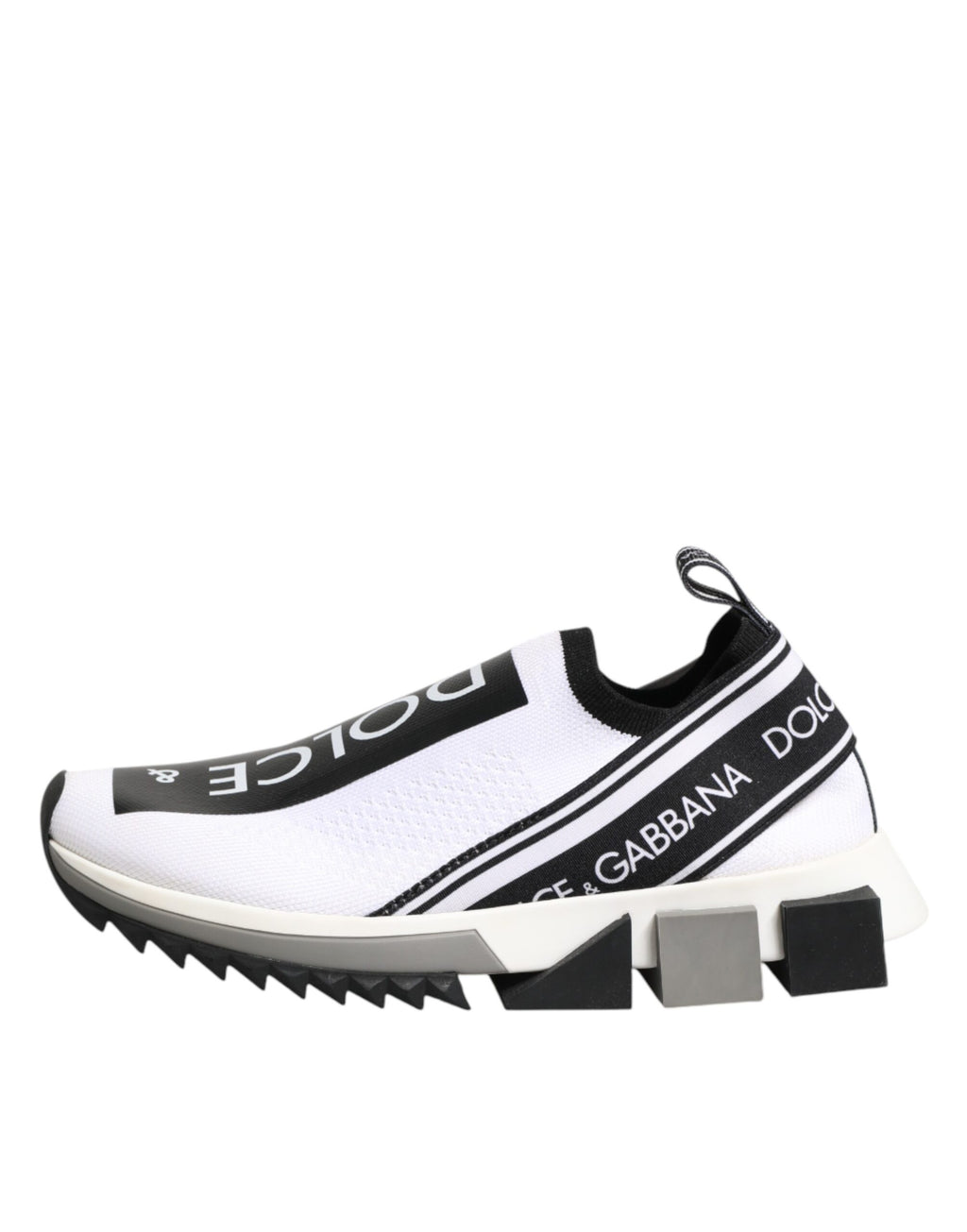 Chaussures sneakers basses blanches Dolce & Gabbana Sorrento avec logo, vue de face et détails de la semelle.