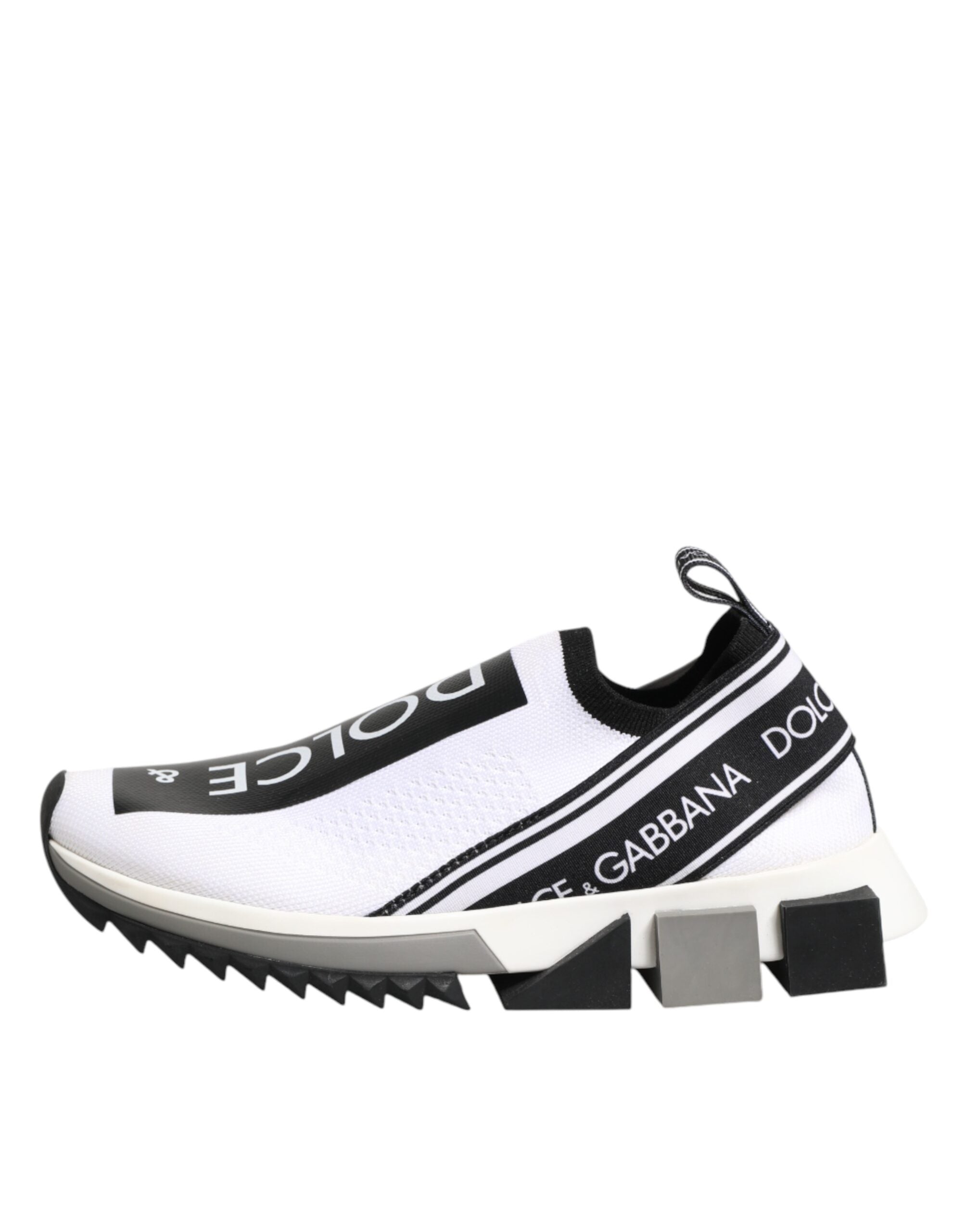 Chaussures sneakers basses blanches Dolce & Gabbana Sorrento avec logo, vue de face et détails de la semelle.