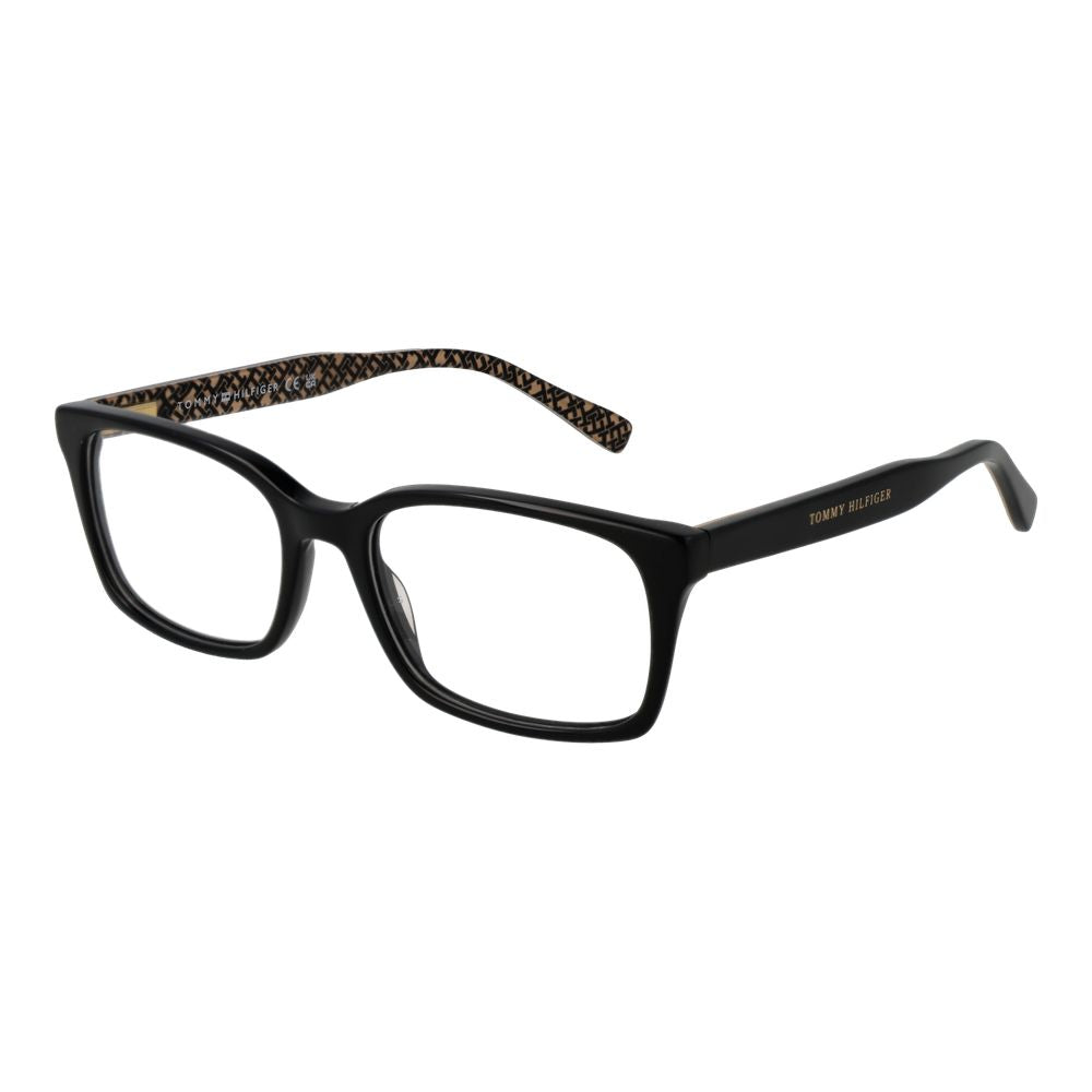 Lunettes Tommy Hilfiger en acétate noire avec monture rectangulaire, vue de face.