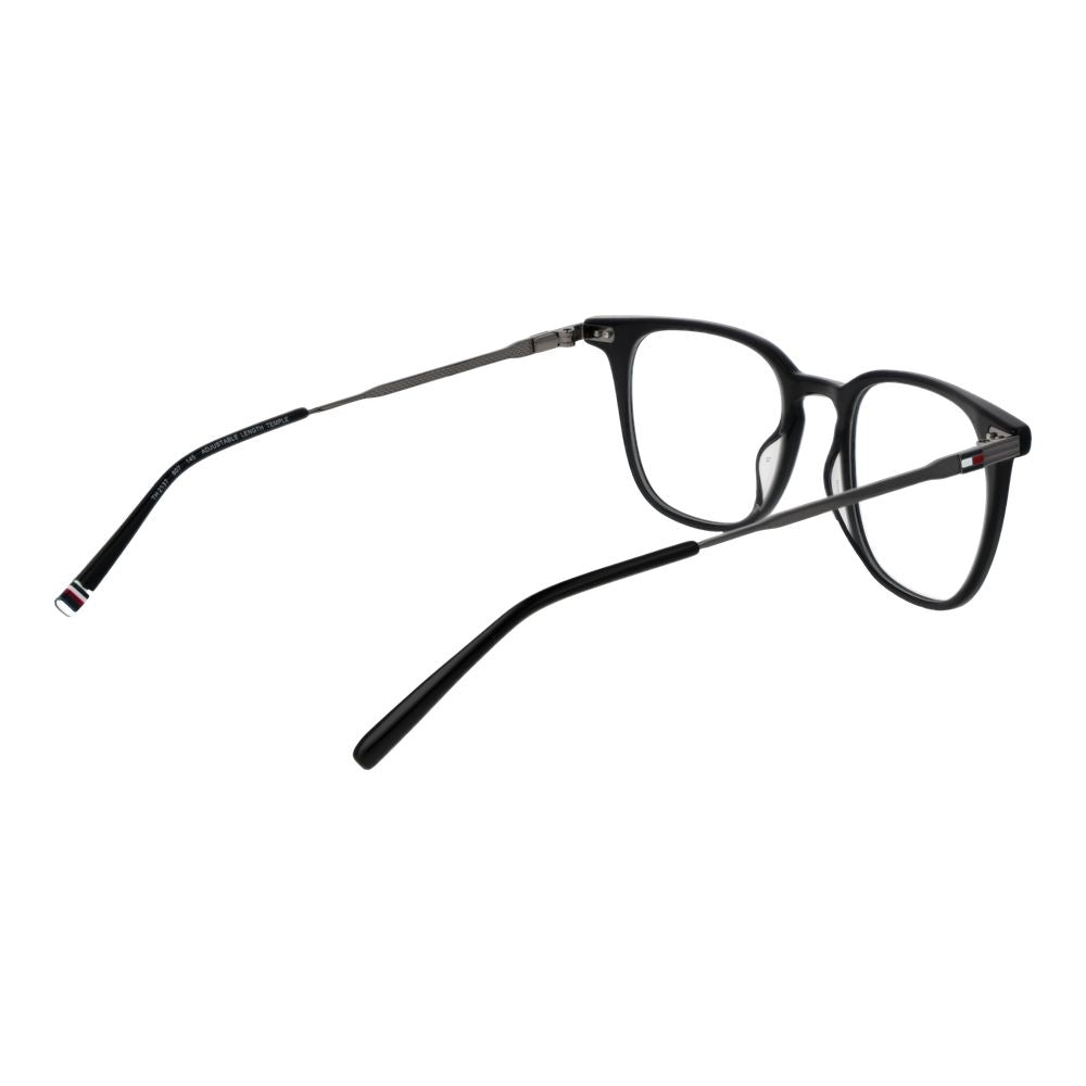 Lunettes en acétate noires de Tommy Hilfiger, monture élégante avec détails modernes visibles en détail.