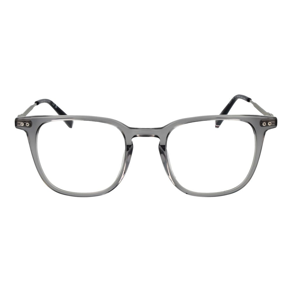 Lunettes Tommy Hilfiger en acétate gris avec monture rectangulaire, style élégant et moderne, vues de face.