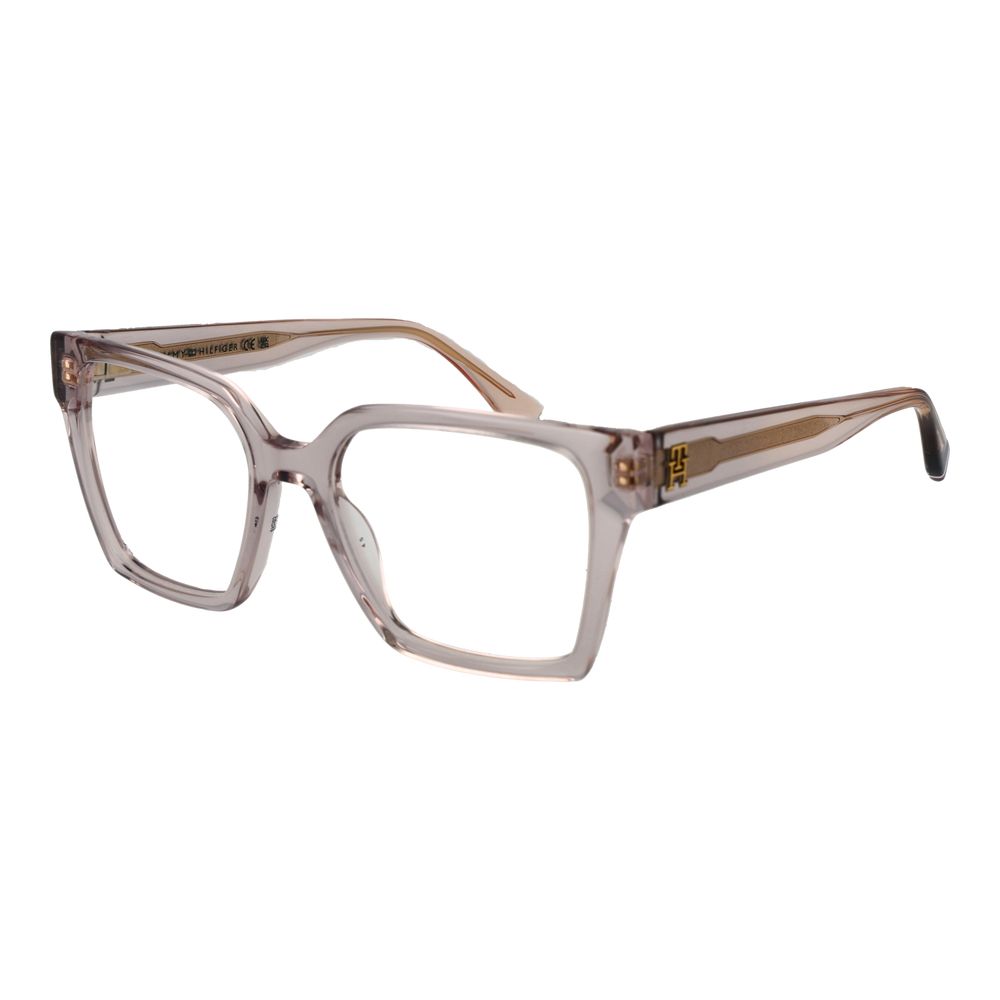 Lunettes en acétate rose Tommy Hilfiger avec cadre élégant, vue de face sur un fond blanc.