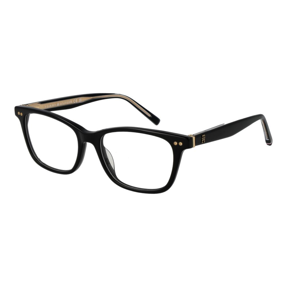 Lunettes Tommy Hilfiger en acétate noir avec monture élégante, visibles en gros plan sur fond neutre.
