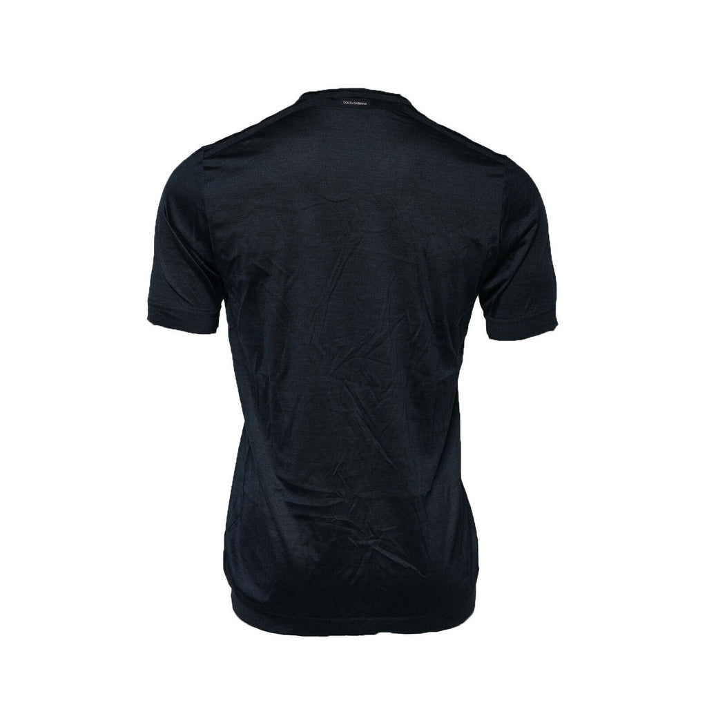 T-shirt en soie Dolce & Gabbana à manches courtes et col rond bleu foncé, élégance et style sophistiqué.