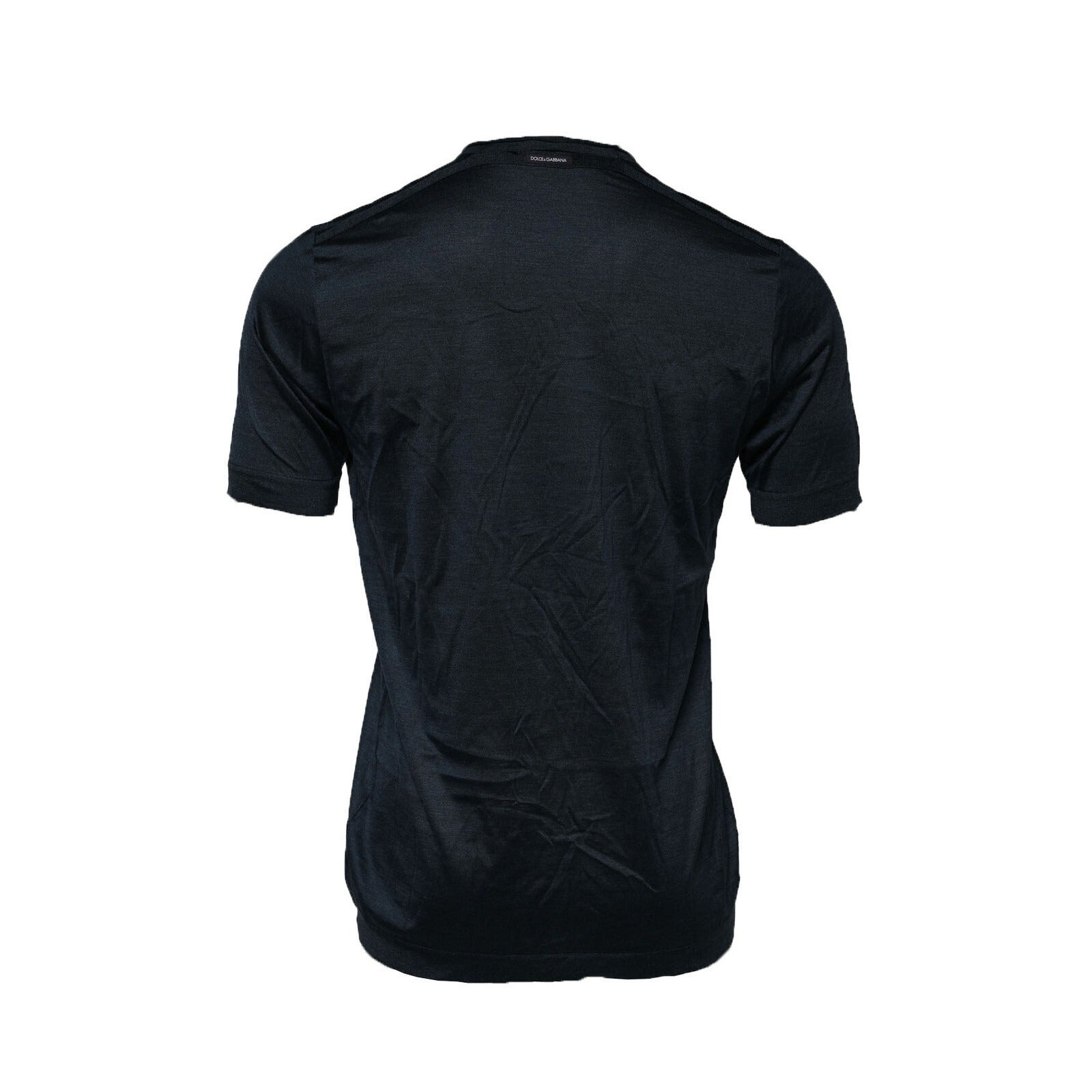 T-shirt en soie Dolce & Gabbana à manches courtes et col rond bleu foncé, élégance et style sophistiqué.