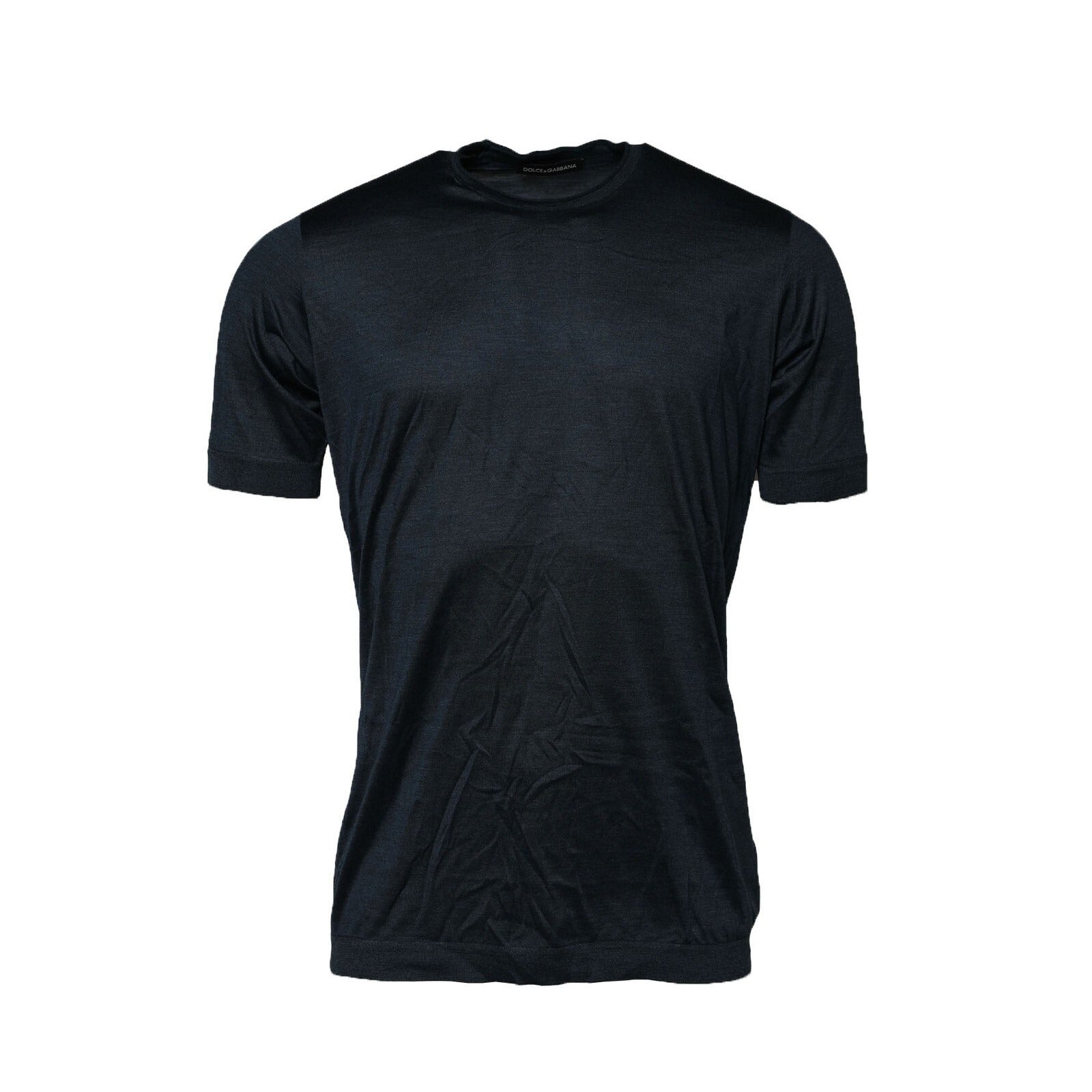 T-shirt Dolce & Gabbana en soie bleue foncée, col rond, manches courtes, tissu élégant et léger, vue de face.