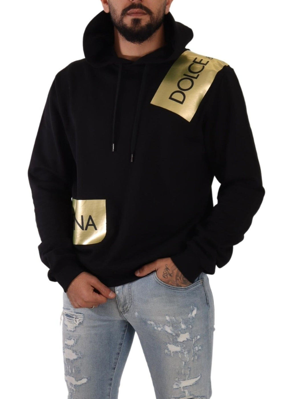 Sweat à capuche en coton noir et or pour homme de Dolce & Gabbana, avec capuche et design élégant.