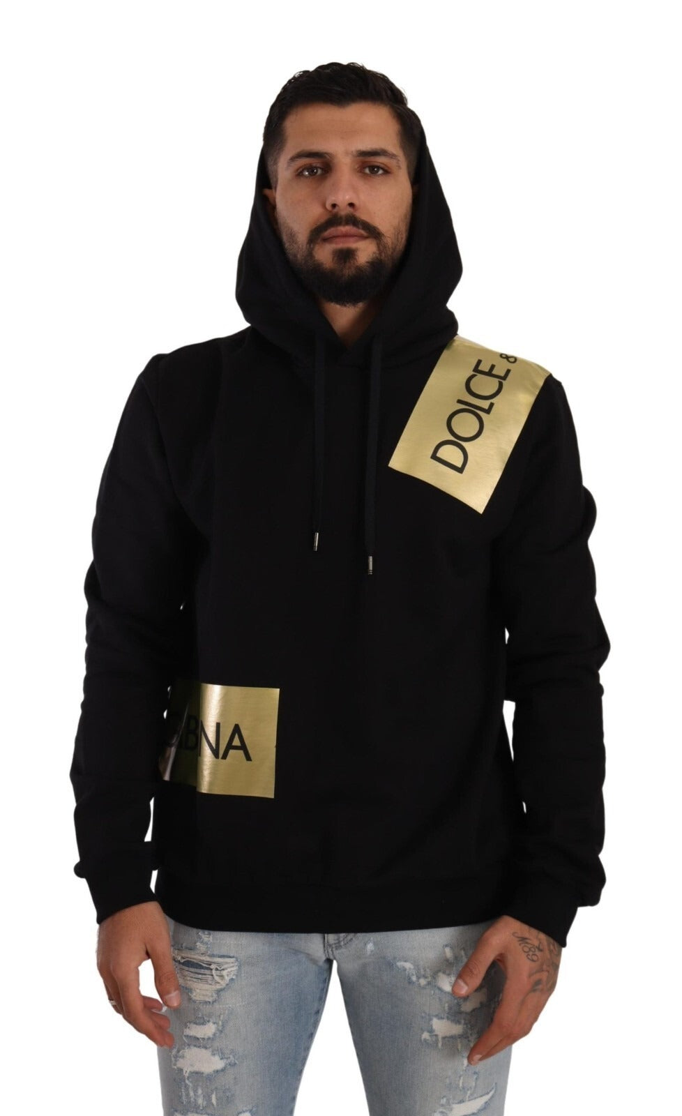 Sweat à capuche homme Dolce & Gabbana en coton noir avec détails dorés, pullover confortable et élégant.