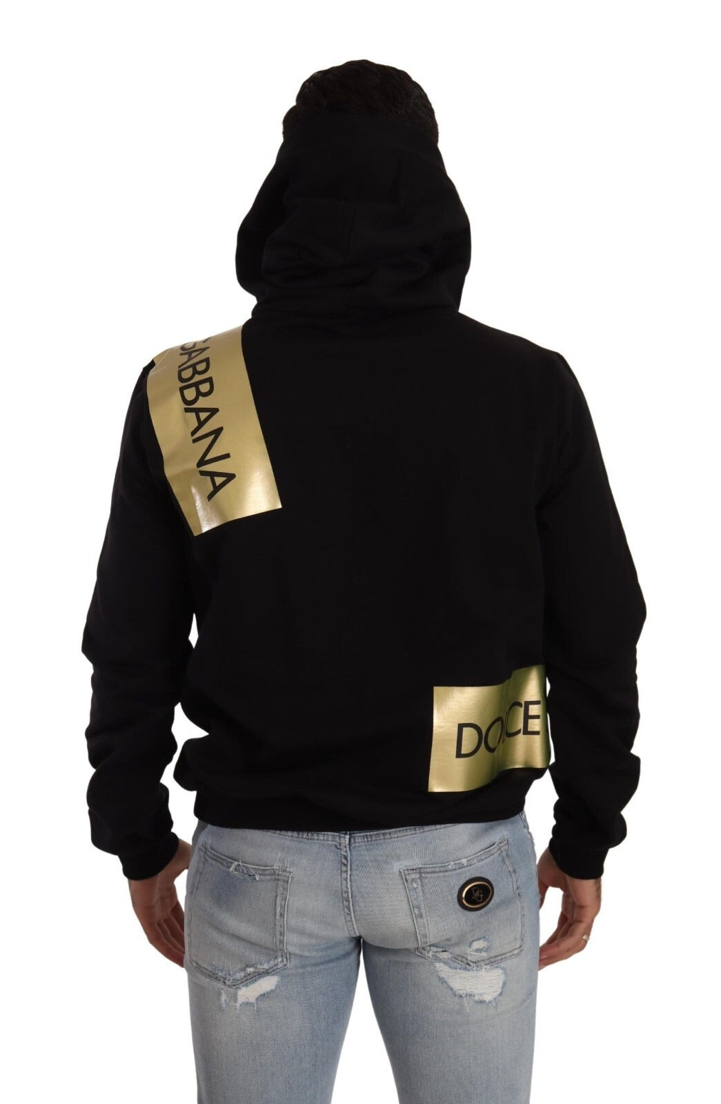 Sweat à capuche pour homme Dolce & Gabbana en coton noir avec détails dorés, style décontracté et moderne.