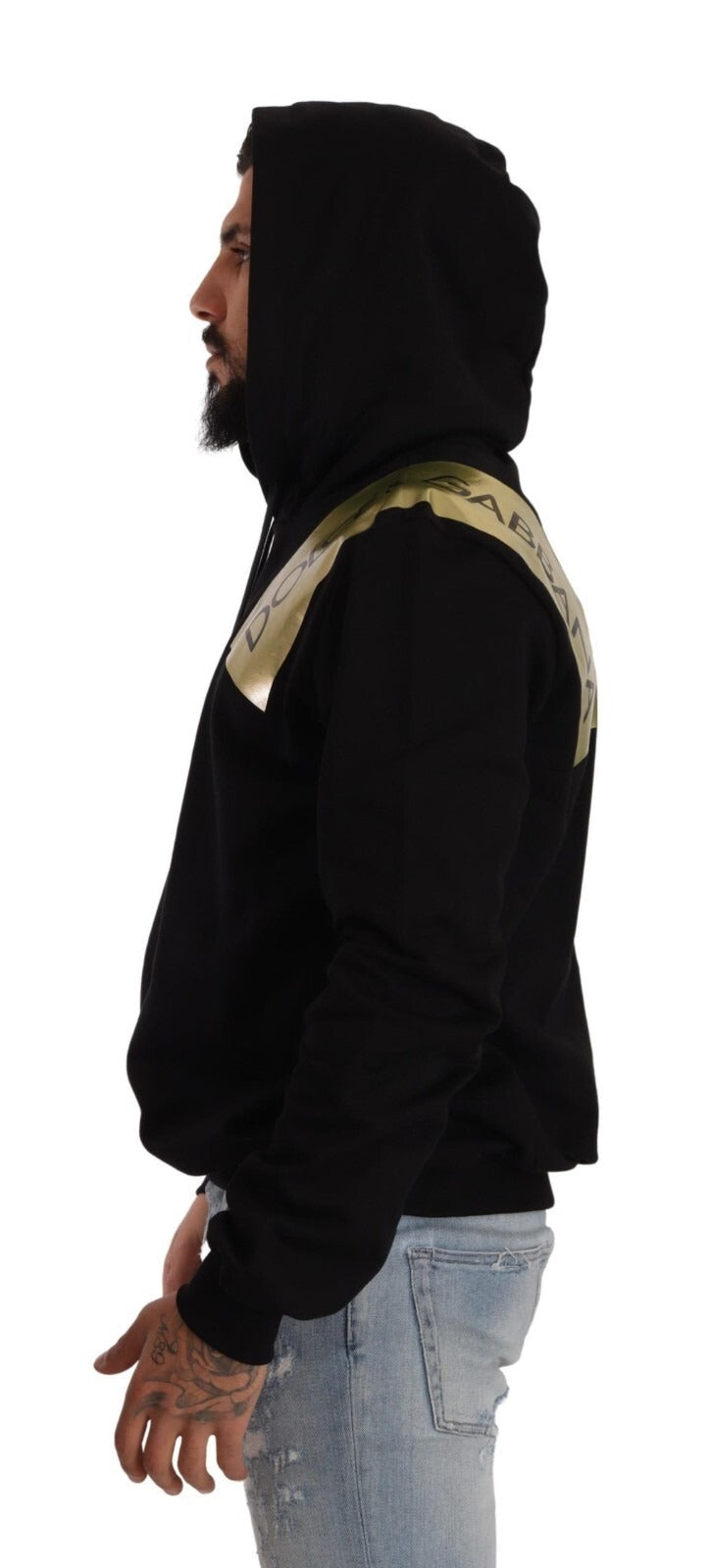 Sweat à capuche en coton noir et or pour homme Dolce & Gabbana, style décontracté avec capuche et détails dorés.