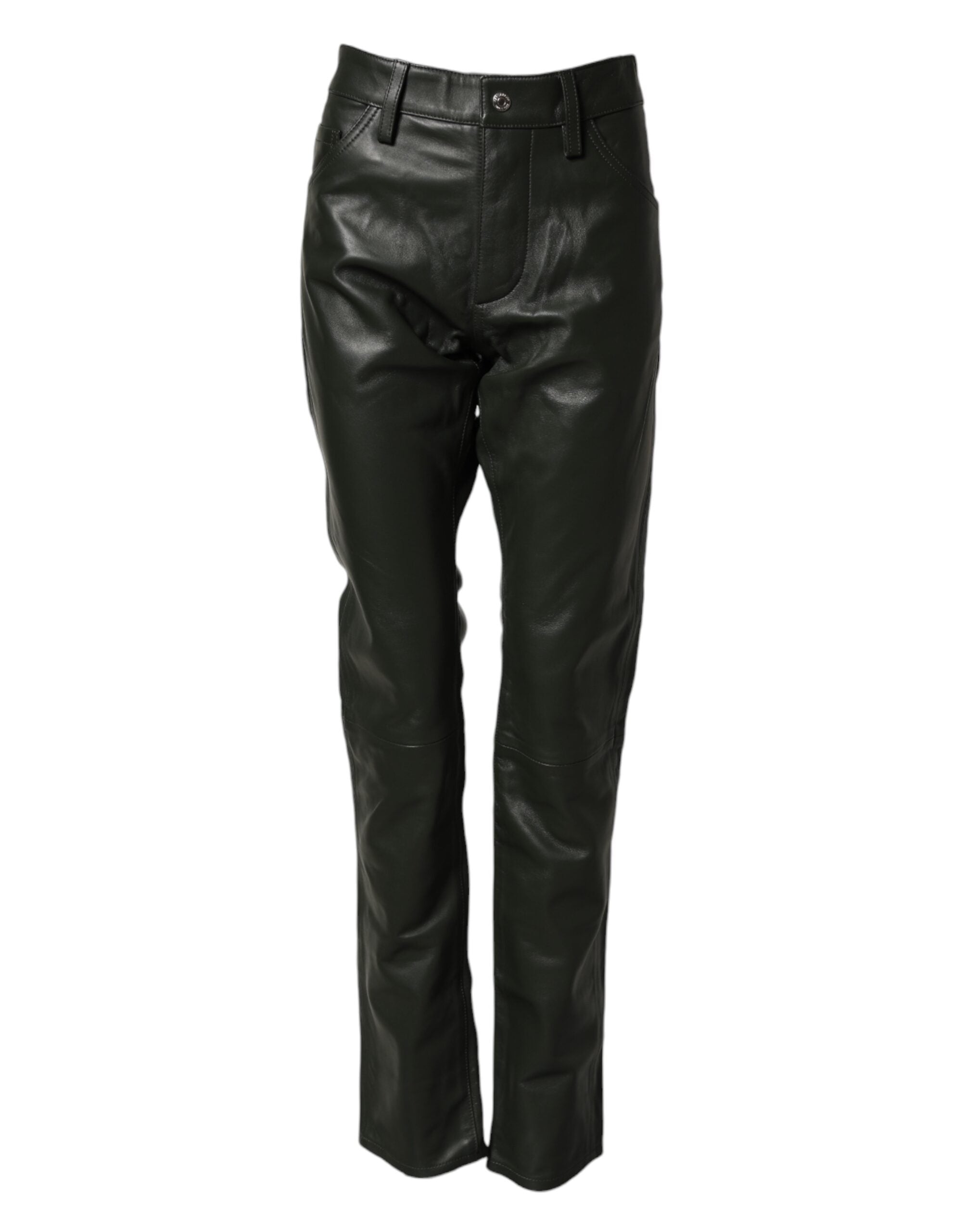 Pantalons homme Dsquared² en cuir pleine grain noir à taille mi-haute, style élégant et moderne.