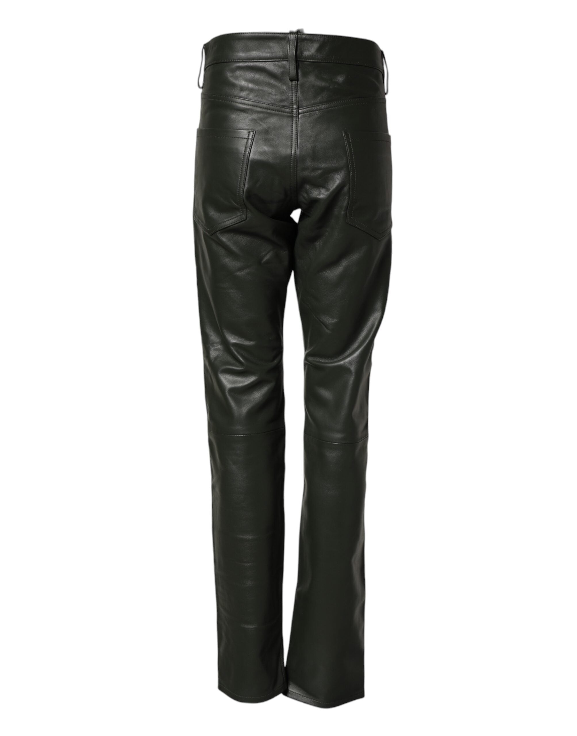 Pantalon homme Dsquared² en cuir pleine grain noir, taille moyenne, style élégant et moderne, visible en gros plan.