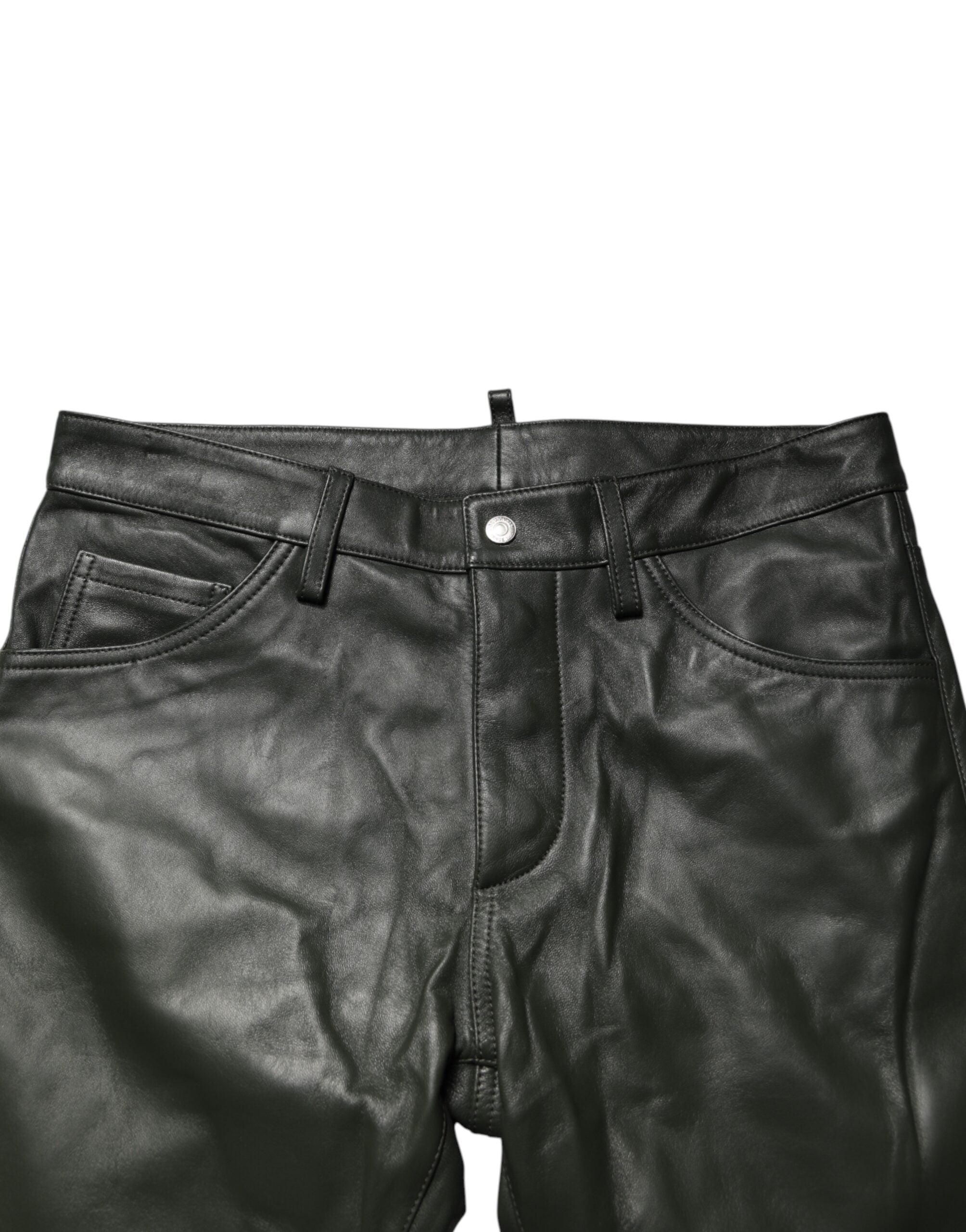 Pantalon en cuir pleine grain noir Dsquared² à taille moyenne, style élégant et ajusté, visible en plan serré.