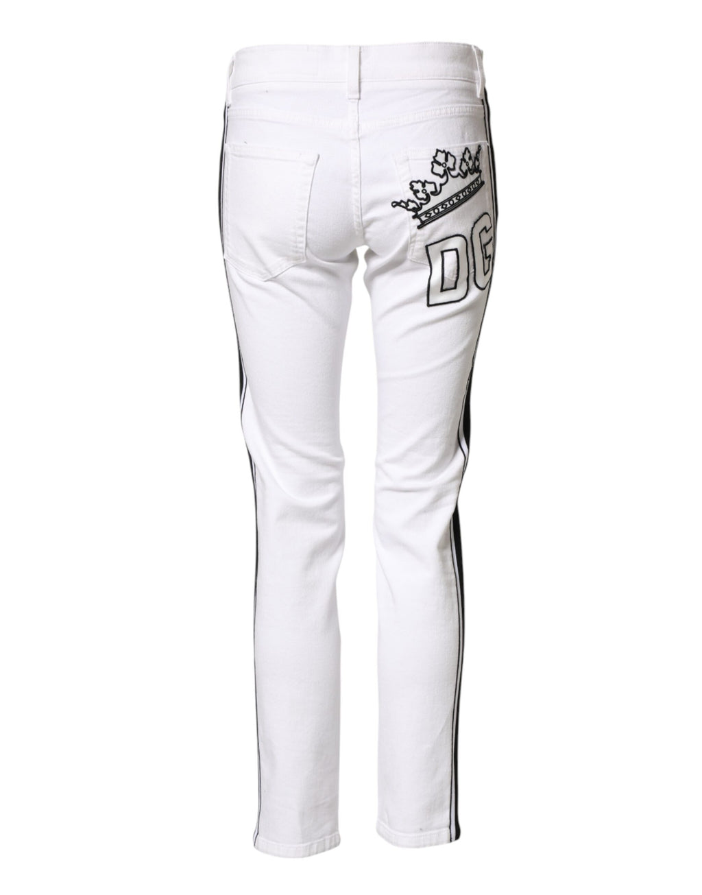 Jeans homme Dolce & Gabbana en coton blanc extensible, coupe skinny, style denim, visible sur le mannequin.