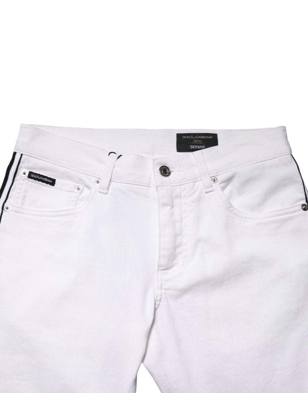 Jeans homme en coton blanc extensible Dolce & Gabbana, coupe skinny, denim durable et mode élégante.