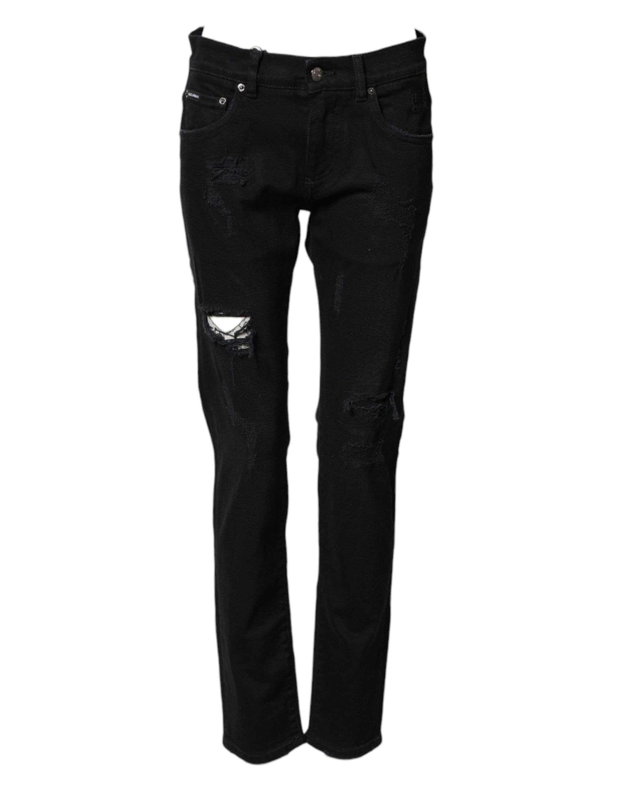 Jeans skinny en denim noir déchiré pour homme de Dolce & Gabbana, coupe ajustée et détails usés visibles.