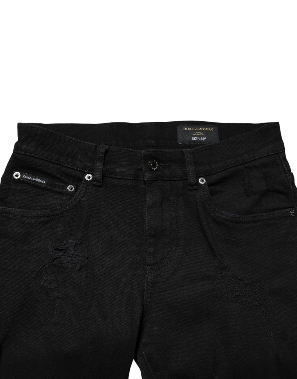Jeans skinny en denim noir tacheté en coton pour homme de Dolce & Gabbana, style décontracté avec déchirures.