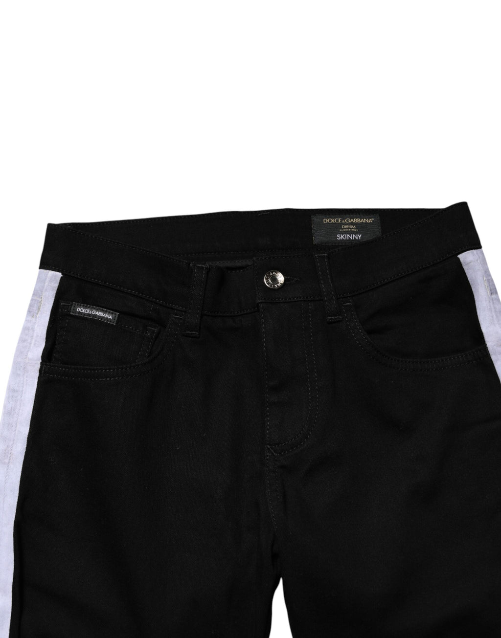 Jeans skinny en coton noir Dolce & Gabbana, taille mi-haute, avec logo visible, denim moulant et élégant.