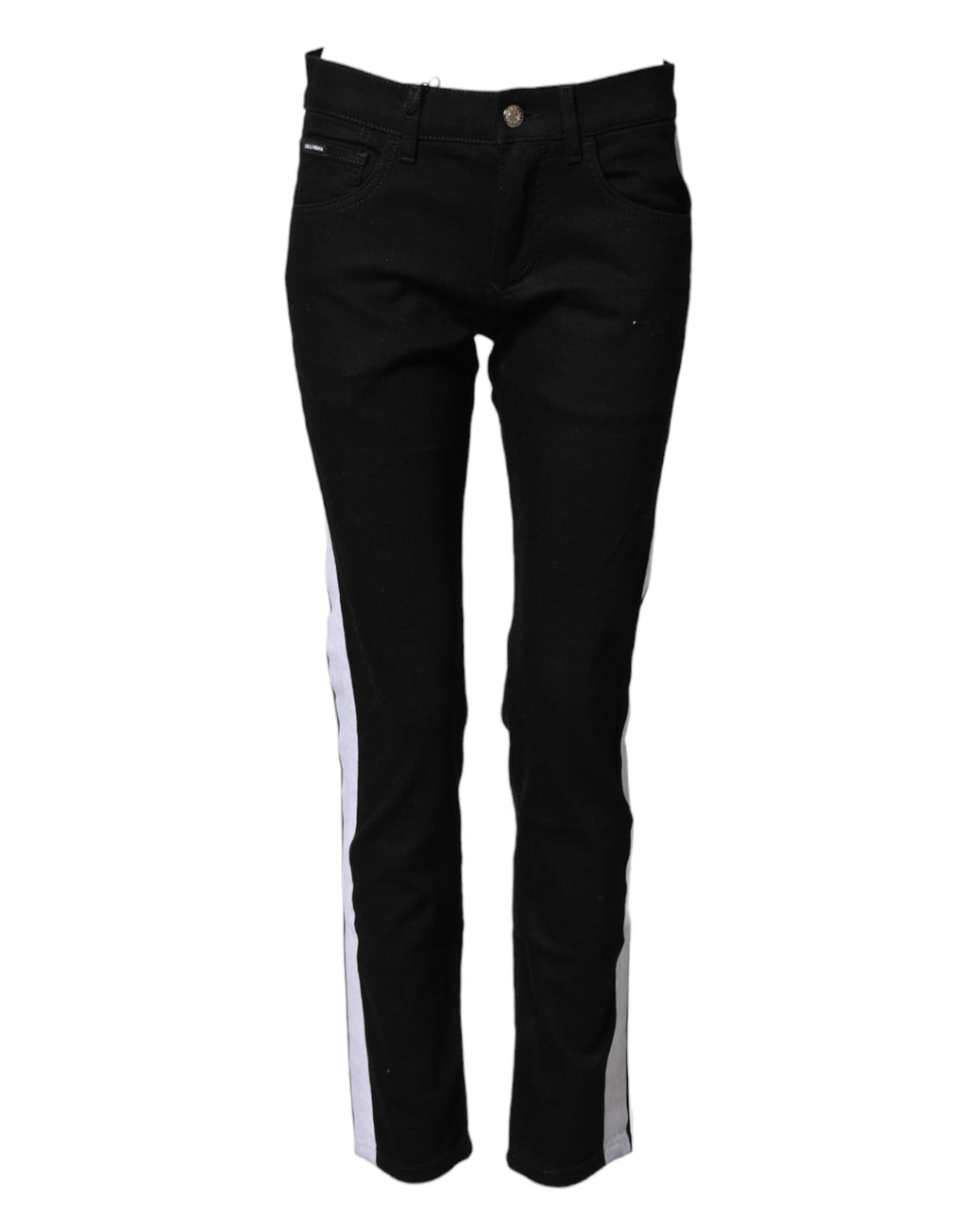 Jeans skinny en coton noir Dolce & Gabbana à taille mi-hauteur avec logo, visible sur l'image.