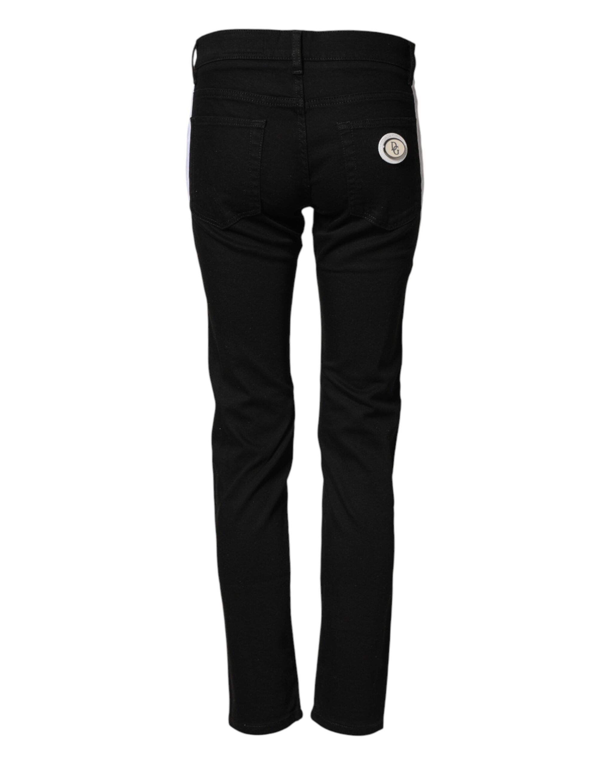 Jeans skinny en denim noir Dolce & Gabbana en coton, taille mi-haute avec logo visible sur le devant.