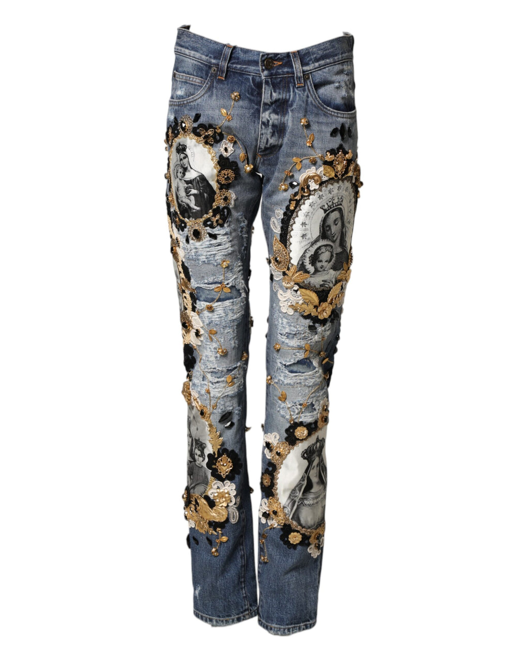 Jeans en denim coton bleu Dolce & Gabbana avec déchirures, embellissements et coupe décontractée.