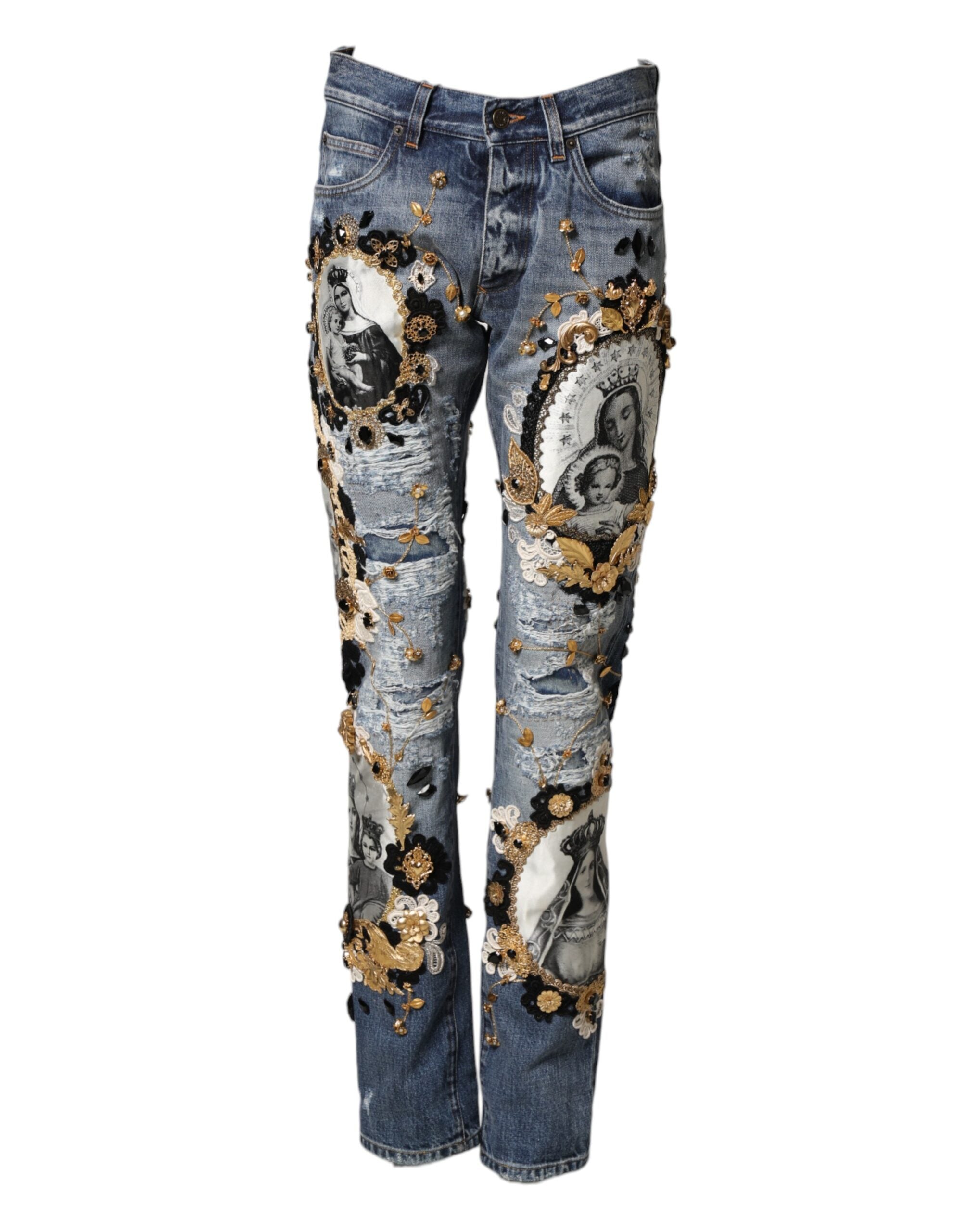 Jeans en denim coton bleu Dolce & Gabbana avec déchirures et embellissements, mode décontractée et tendance.
