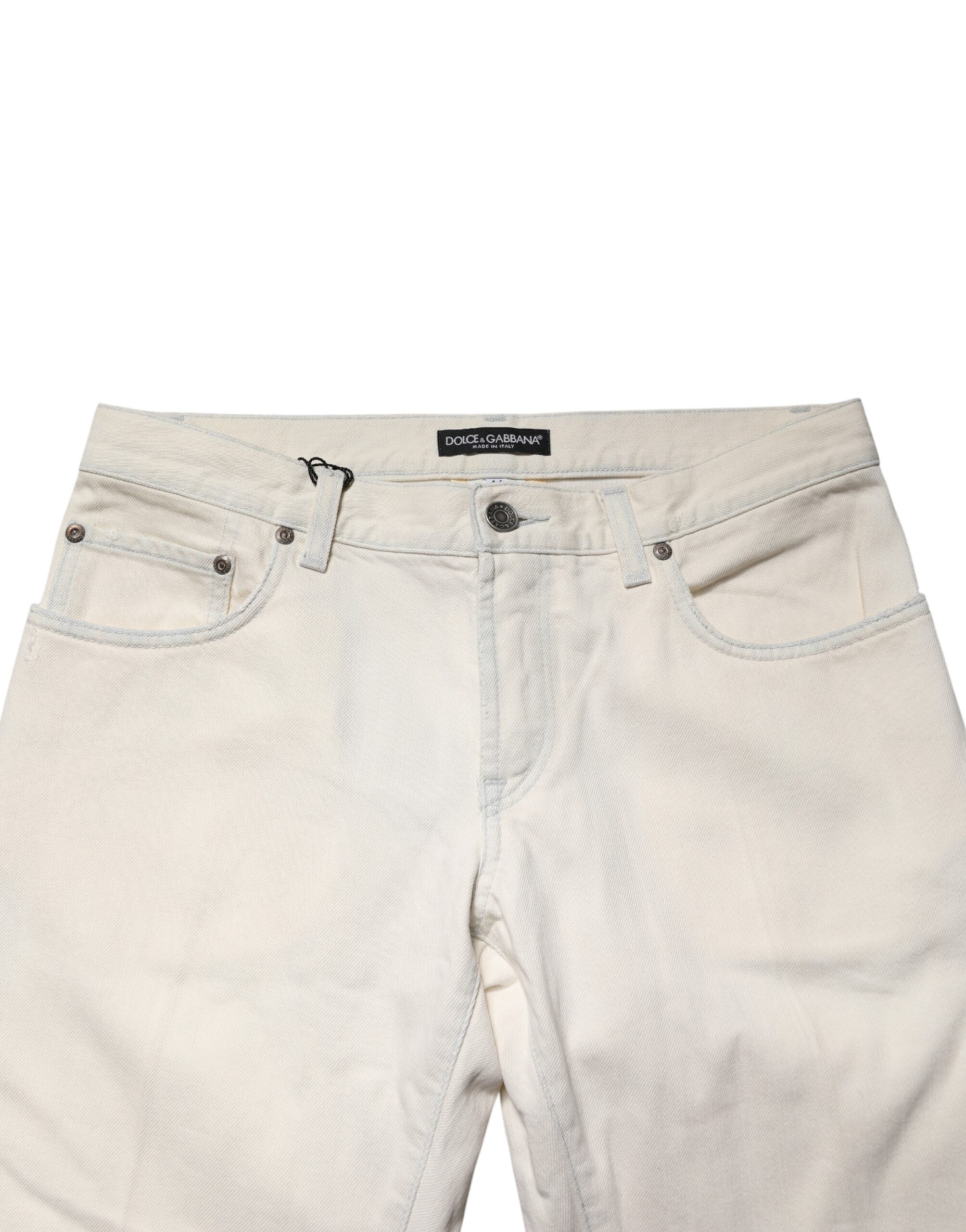 Pantalon homme Dolce & Gabbana en coton blanc skinny denim, jean ajusté avec poches avant et arrière visible sur l'image.