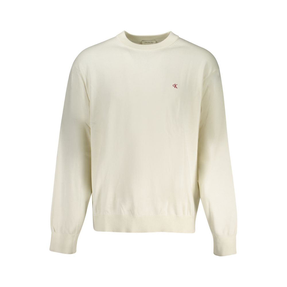 Pull blanc en coton pour homme de la marque Calvin Klein, visible avec col ras du cou et manches longues.