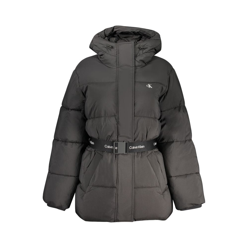 Veste en nylon noire pour femme de la marque Calvin Klein, coupe moderne et élégante, avec fermeture éclair visible.