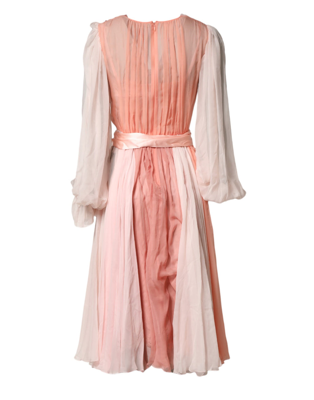Robe longue en soie rose en tulle avec manches longues et col en V de Dolce & Gabbana, élégante et féminine.