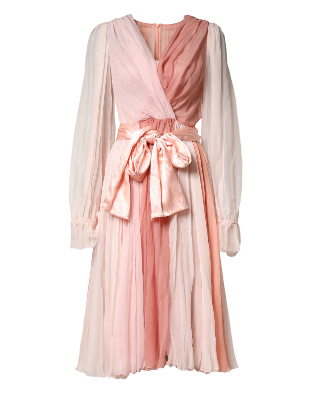 Robe longue en soie rose en tulle avec manches longues et décolleté en V de Dolce & Gabbana, élégante et sophistiquée.