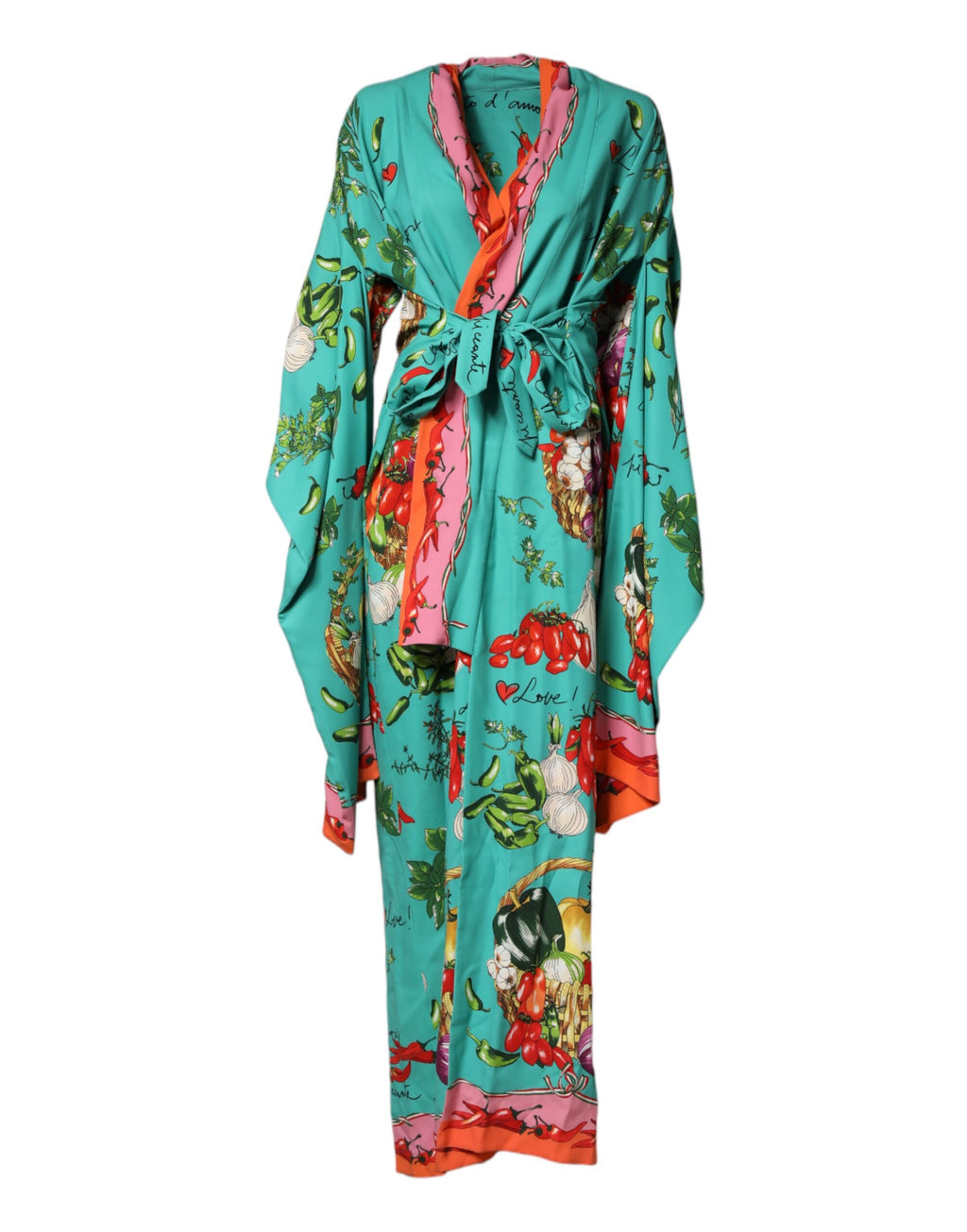 Robe longue à manches longues Dolce & Gabbana avec motif imprimé vert, style cache-coeur élégante et sophistiquée.